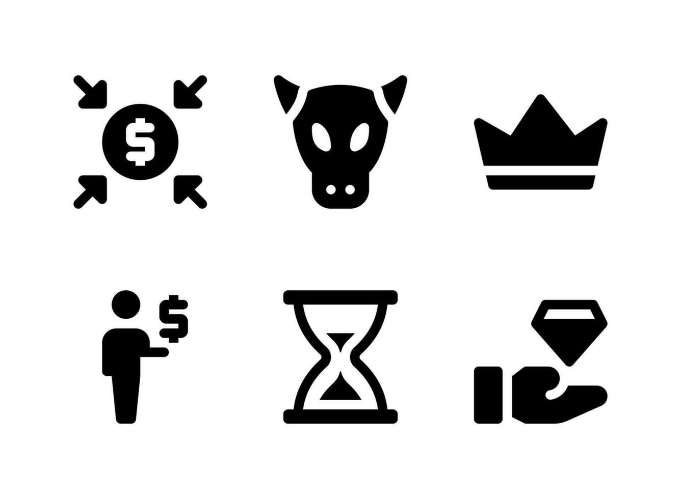 conjunto simples de ícones sólidos de vetor relacionados a investimentos. contém ícones como crowdfunding, touro, coroa, investidor e muito mais.