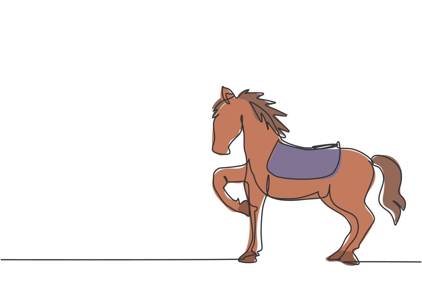 continua uma linha desenhando um cavalo de circo na arena de show, levantando uma de suas pernas enquanto se prepara para realizar uma atração. cavalo treinado. ilustração gráfica do vetor de desenho de uma linha.