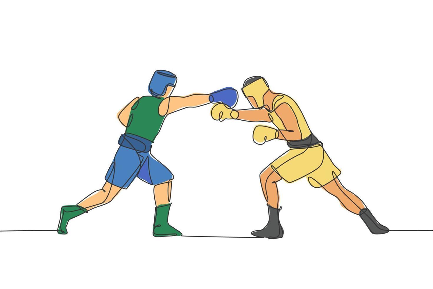 um único desenho de linha de dois jovens boxeadores enérgicos atacam um ao outro na ilustração vetorial de luta de boxe. conceito de treinamento combativo esportivo. design moderno de desenho de linha contínua para banner de boxe vetor