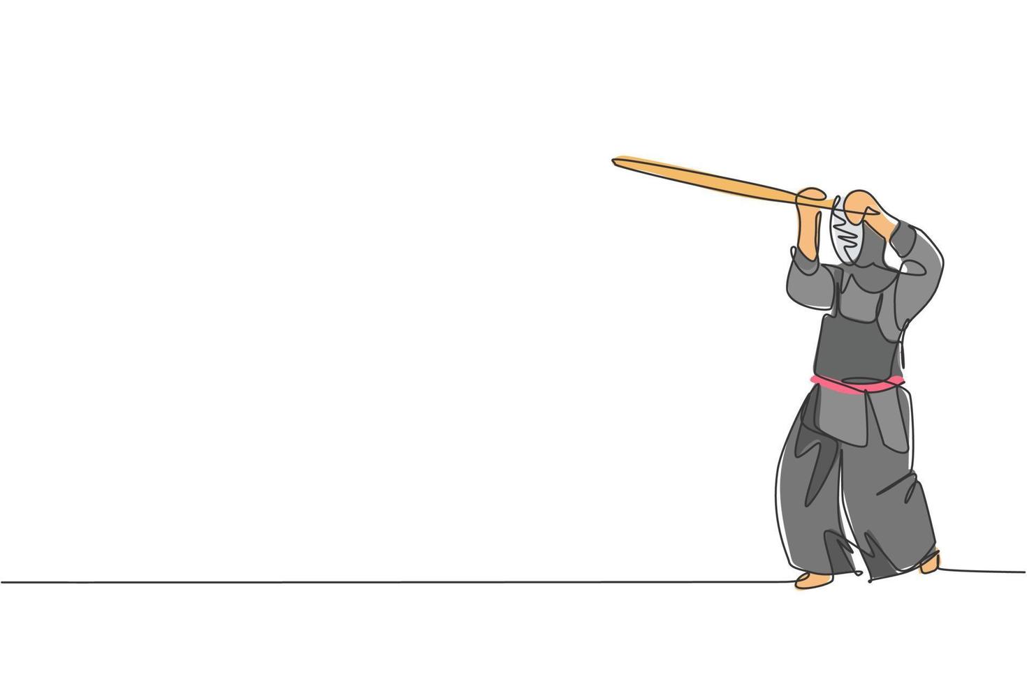 um desenho de linha contínua de jovem esportivo treinando habilidade de defesa de kendo no centro do dojo. conceito de esporte de arte marcial de luta saudável. ilustração gráfica vetorial de design de desenho de linha única dinâmica vetor