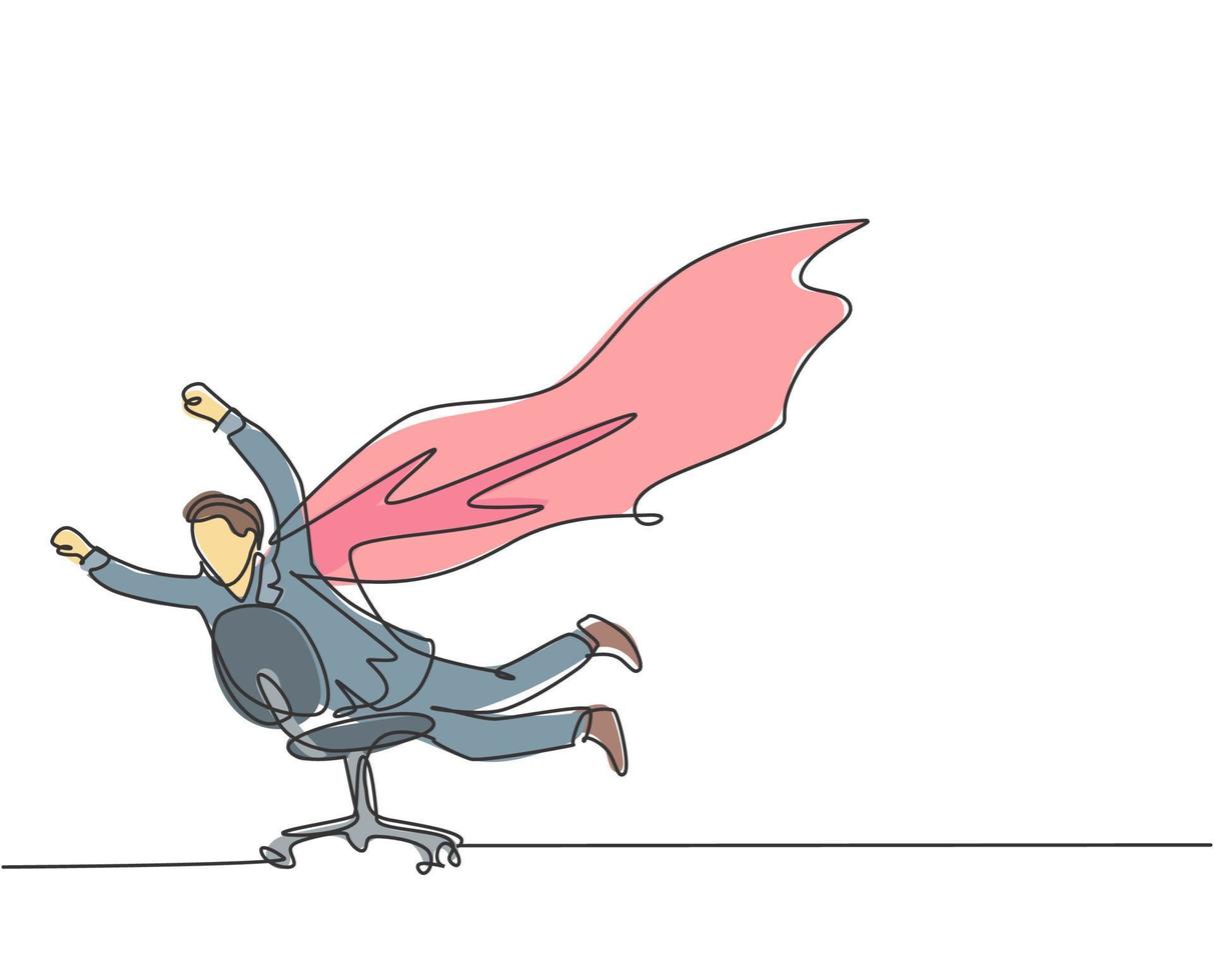 um desenho de linha de jovem homem de negócios feliz abrindo uma asa e fingir como super-herói que voando usando uma cadeira de escritório. conceito de sucesso empresarial. ilustração em vetor desenho desenho em linha contínua