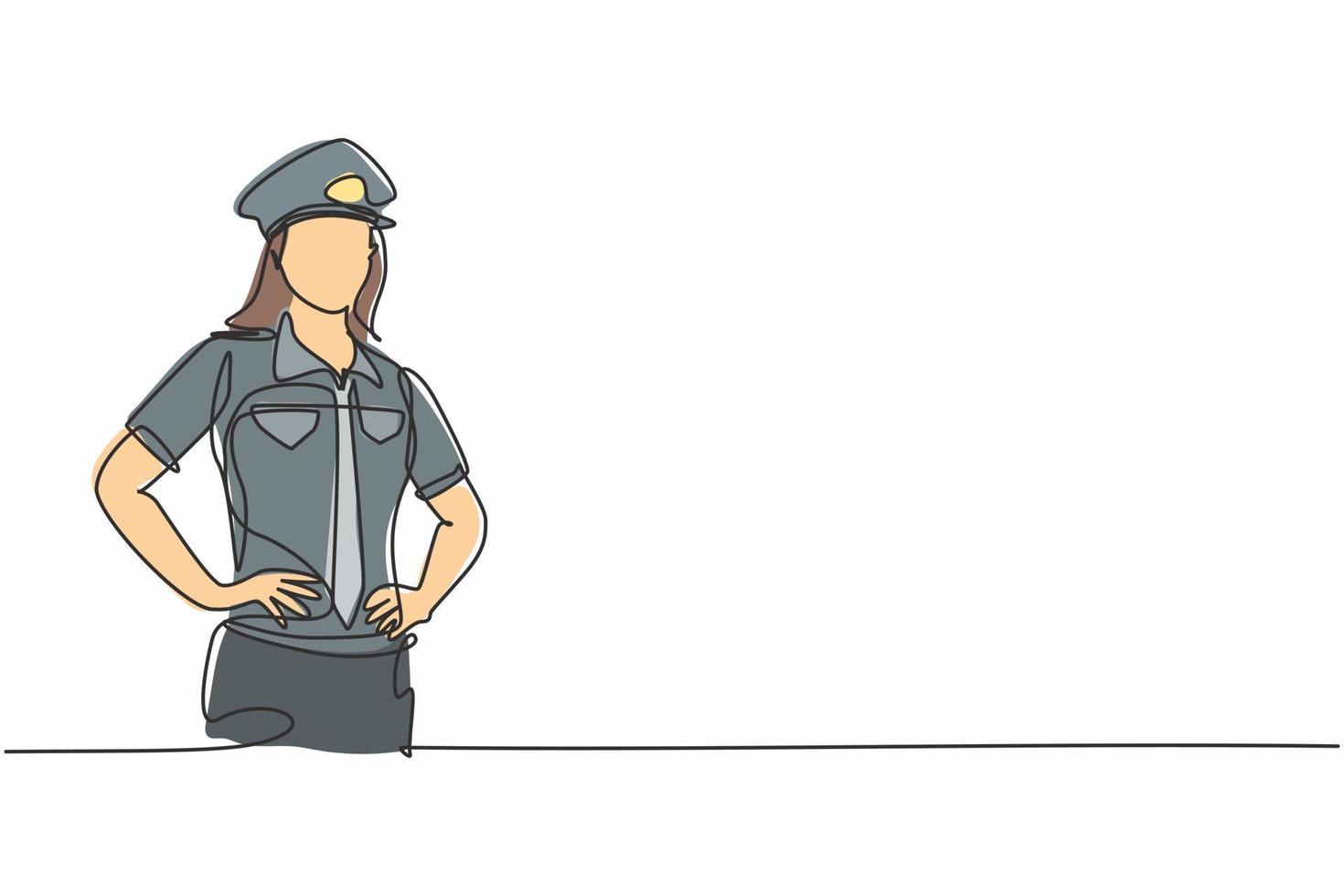 contínuo um desenho de linha da polícia feminina de beleza jovem em uniforme em pé com as mãos no quadril. conceito minimalista de profissão de trabalho profissional. ilustração gráfica de vetor de desenho de linha única