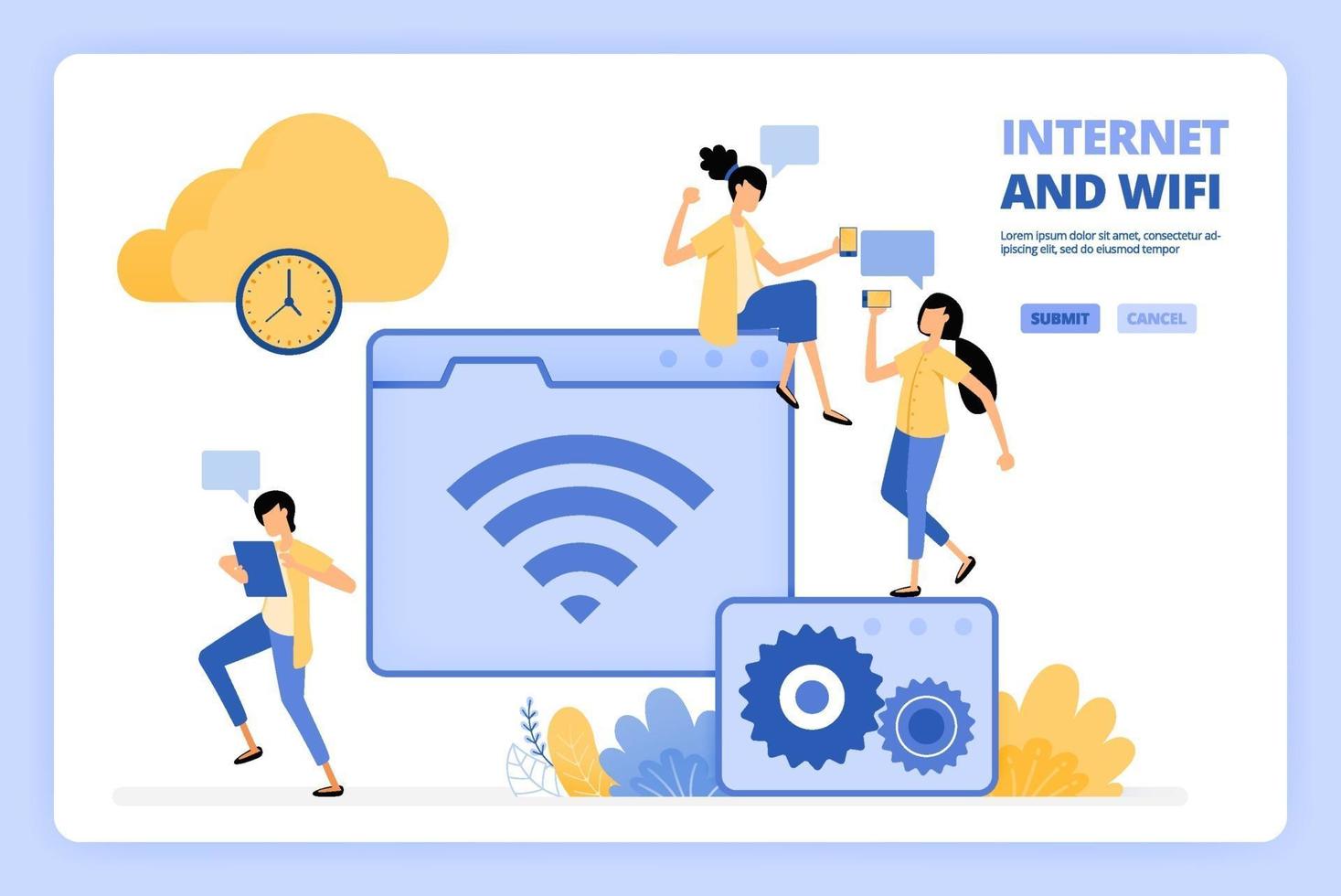 as pessoas adoram usar internet e wi-fi. armazenamento em nuvem com largura de banda rápida. as pessoas acessam a internet. projetado para página de destino, banner, site, web, pôster, aplicativos móveis, página inicial, folheto, brochura vetor