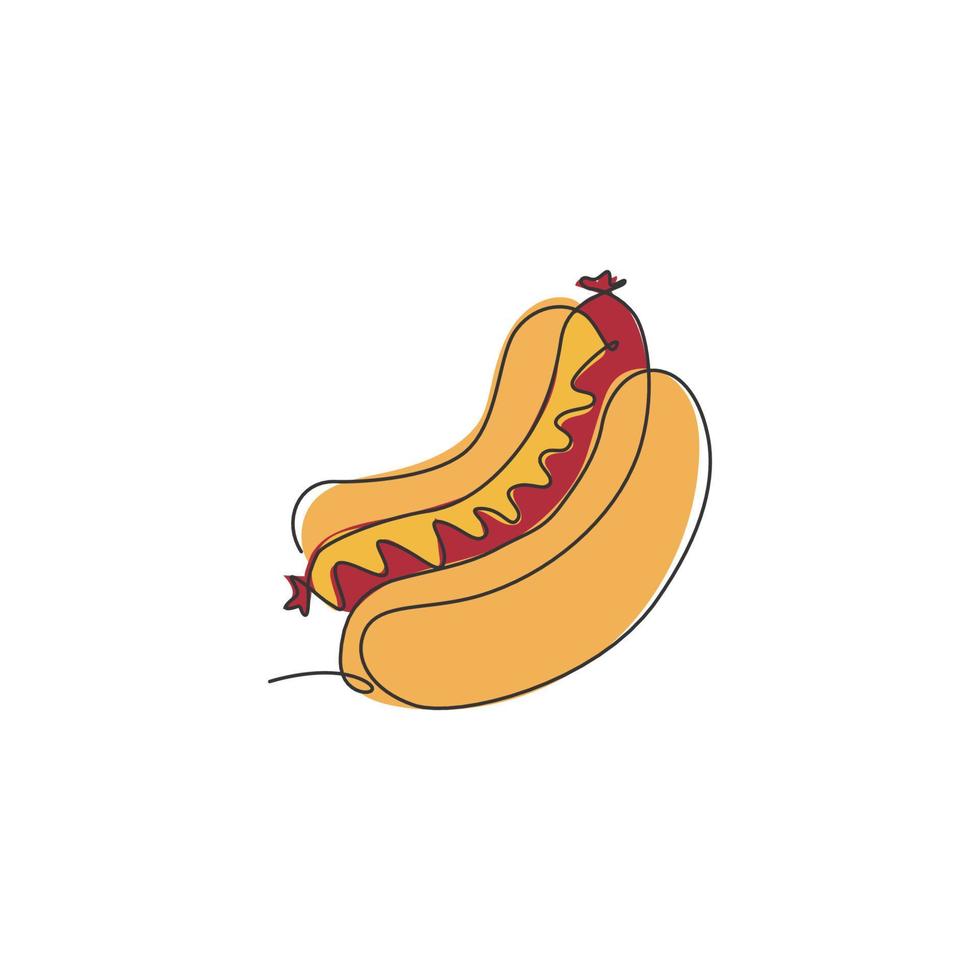um único desenho de linha de ilustração em vetor gráfico de logotipo de cachorro-quente americano fresco. menu de sanduíche de fast-food e conceito de crachá de restaurante. logotipo de comida de rua de design de desenho de linha contínua moderno