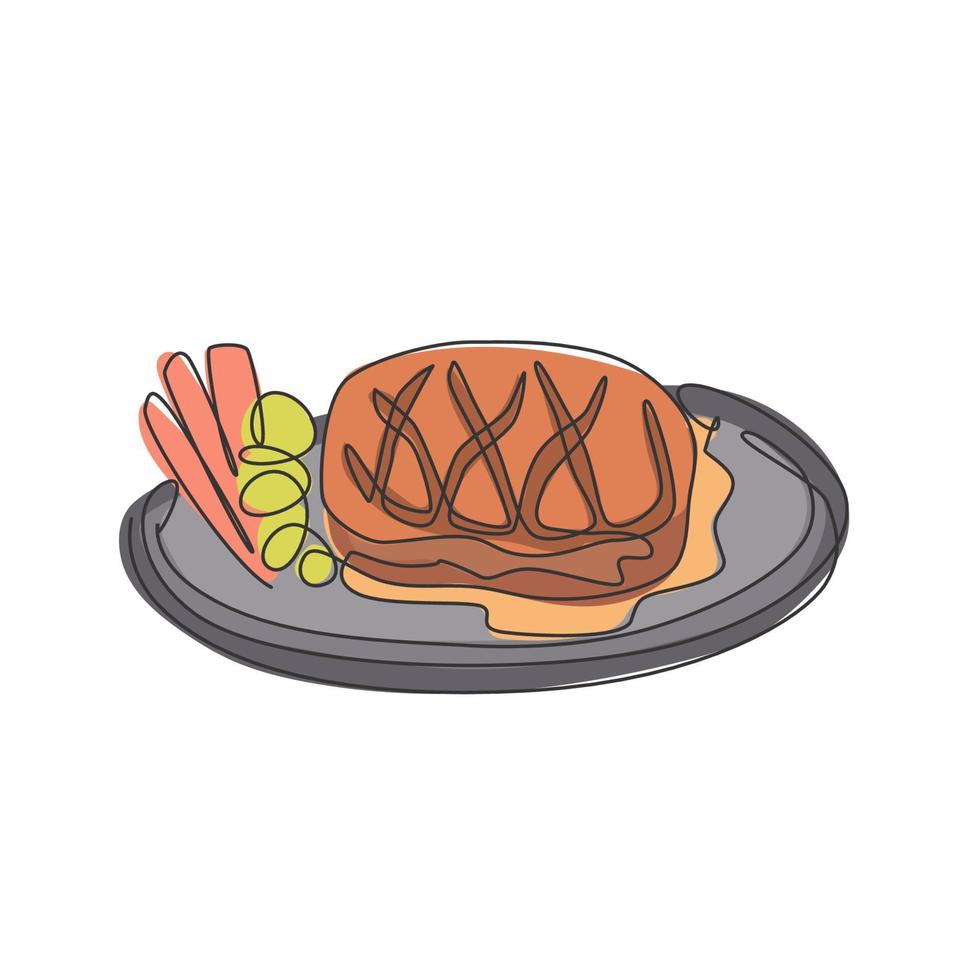 um desenho de linha contínua de delicioso bife suculento fresco na chapa quente. conceito de modelo de restaurante de bife. ilustração em vetor gráfico de desenho de linha única moderna