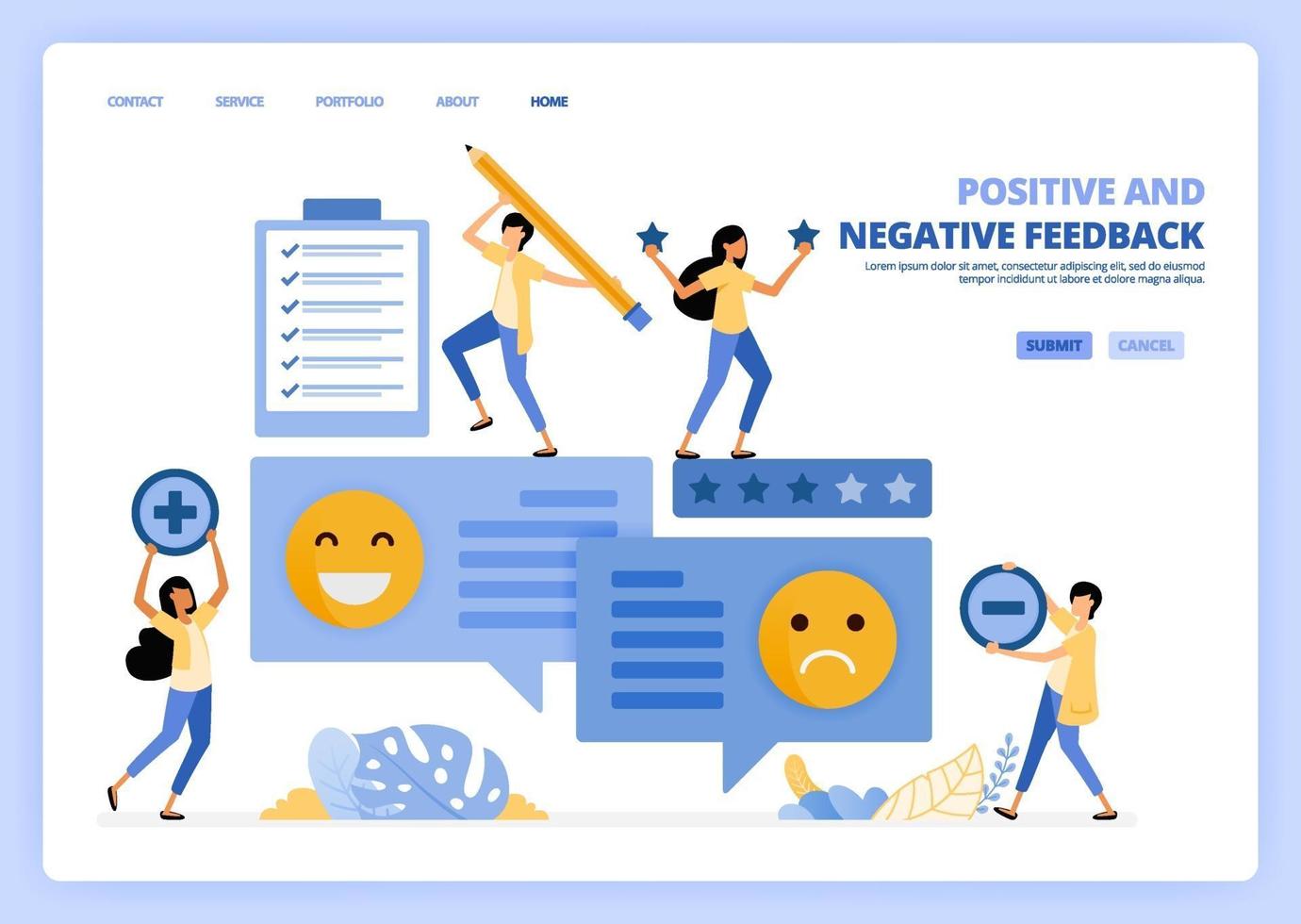 as pessoas dão feedback negativo positivo com emoticons nos comentários. reveja e verifique a classificação de satisfação do usuário. pode ser usado para modelo de página de destino ui ux web aplicativo móvel pôster banner website panfleto vetor