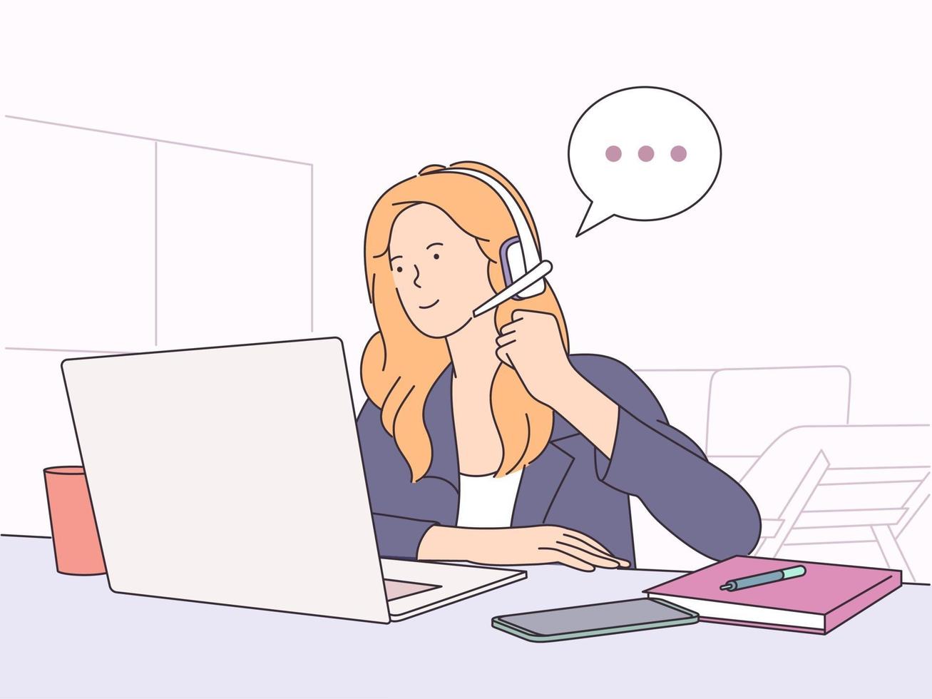 freelance, trabalho remoto e conceito de trabalho. personagem feminina trabalhando com laptop e smartphone na mesa com notificações. ilustração vetorial plana vetor