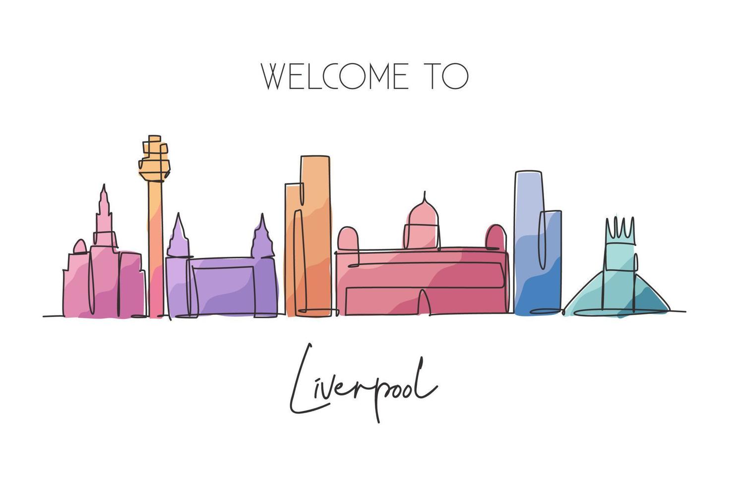 uma única linha desenhando o horizonte da cidade de Liverpool. paisagem histórica de arranha-céus da cidade no mundo. melhor conceito de impressão de pôster de decoração de parede para casa de destino. ilustração em vetor design de desenho de linha contínua