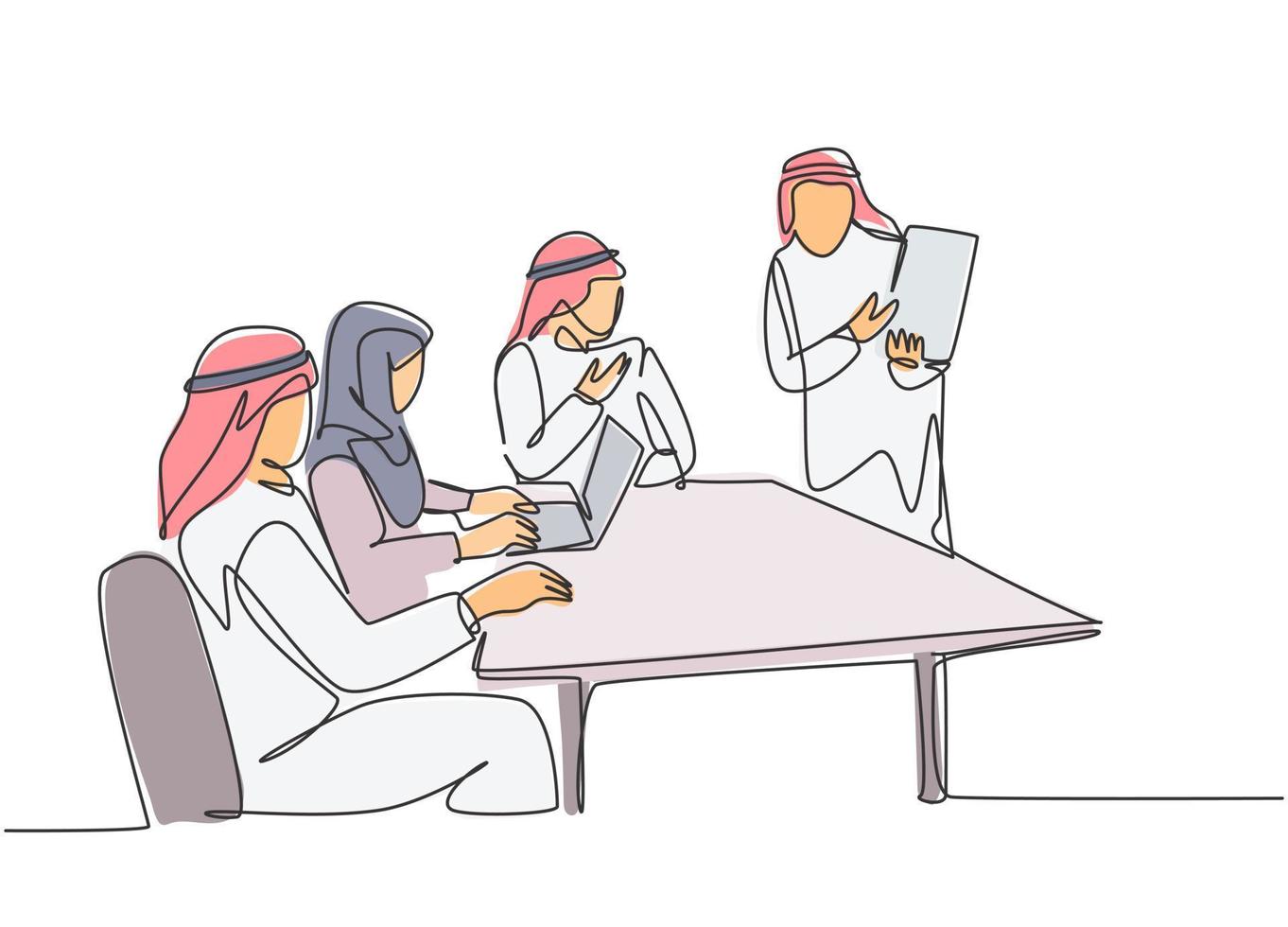 um desenho de linha contínua de jovens empresários muçulmanos ofereceu um novo plano de negócios por um colega estrangeiro. roupa islâmica shemag, kandura, lenço, keffiyeh. ilustração em vetor desenho desenho de linha única