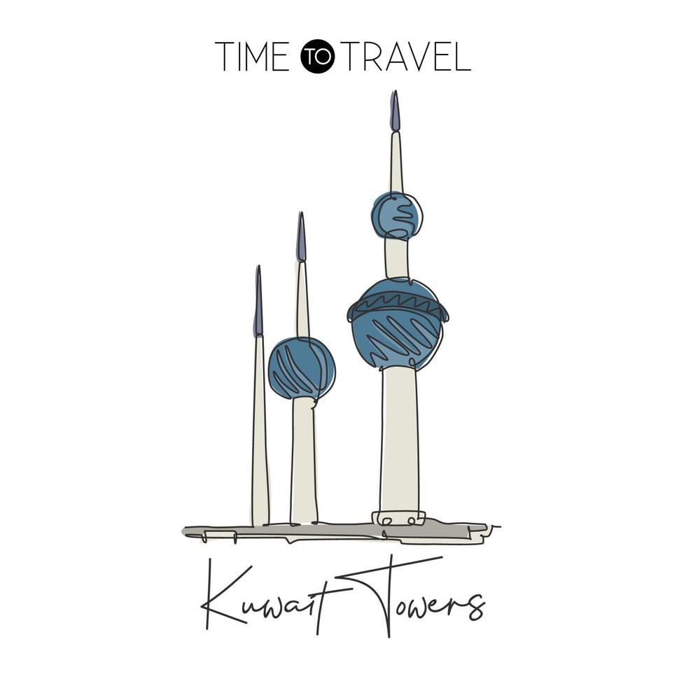 um marco contínuo das torres do kuwait de desenho de linha. edifício mais emblemático da cidade do kuwait. conceito de impressão de cartaz de arte de decoração de parede de férias de férias de férias. ilustração em vetor design de desenho de linha única moderna