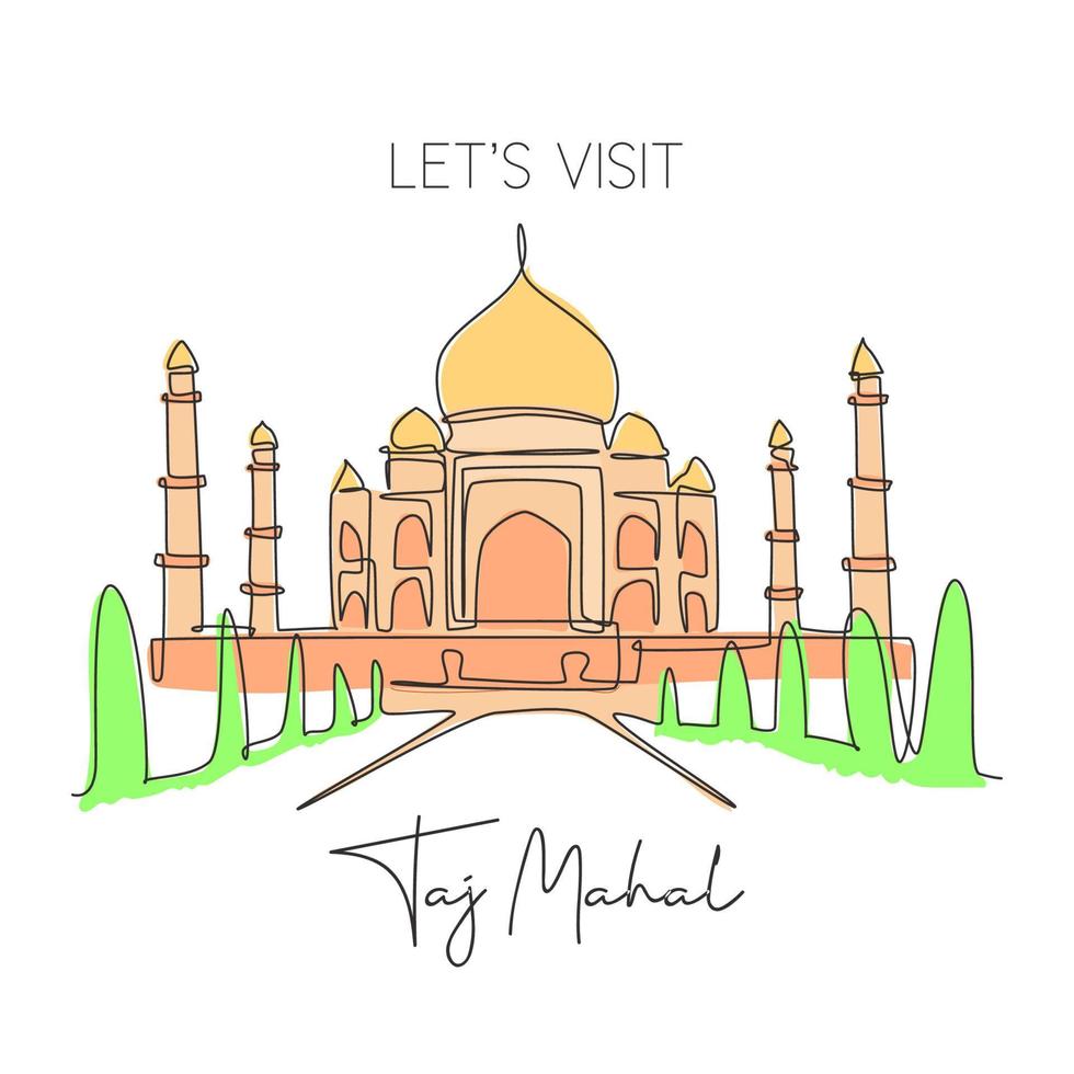 um único marco de mesquita taj mahal de desenho de linha. lugar icônico do mundo em agra, na índia. conceito de cartaz de arte para casa de decoração de parede de cartão postal de viagens de turismo. ilustração em vetor design de desenho de linha contínua moderna