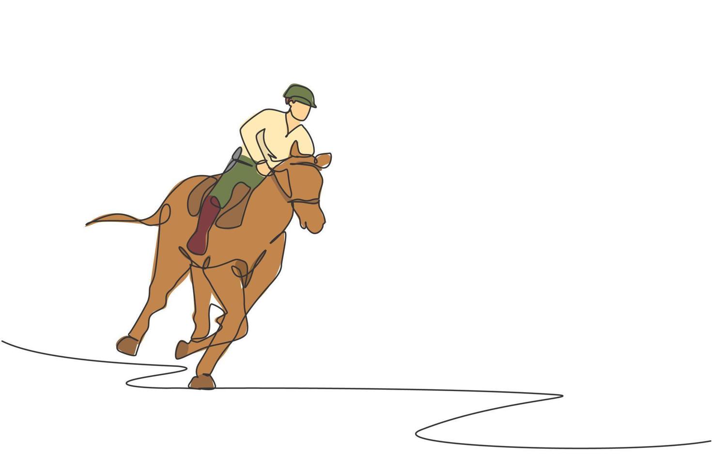 único desenho de linha contínua de jovem cavaleiro profissional correndo com um cavalo ao redor dos estábulos. conceito de processo de treinamento de esporte equestre. ilustração em vetor design de desenho de uma linha na moda