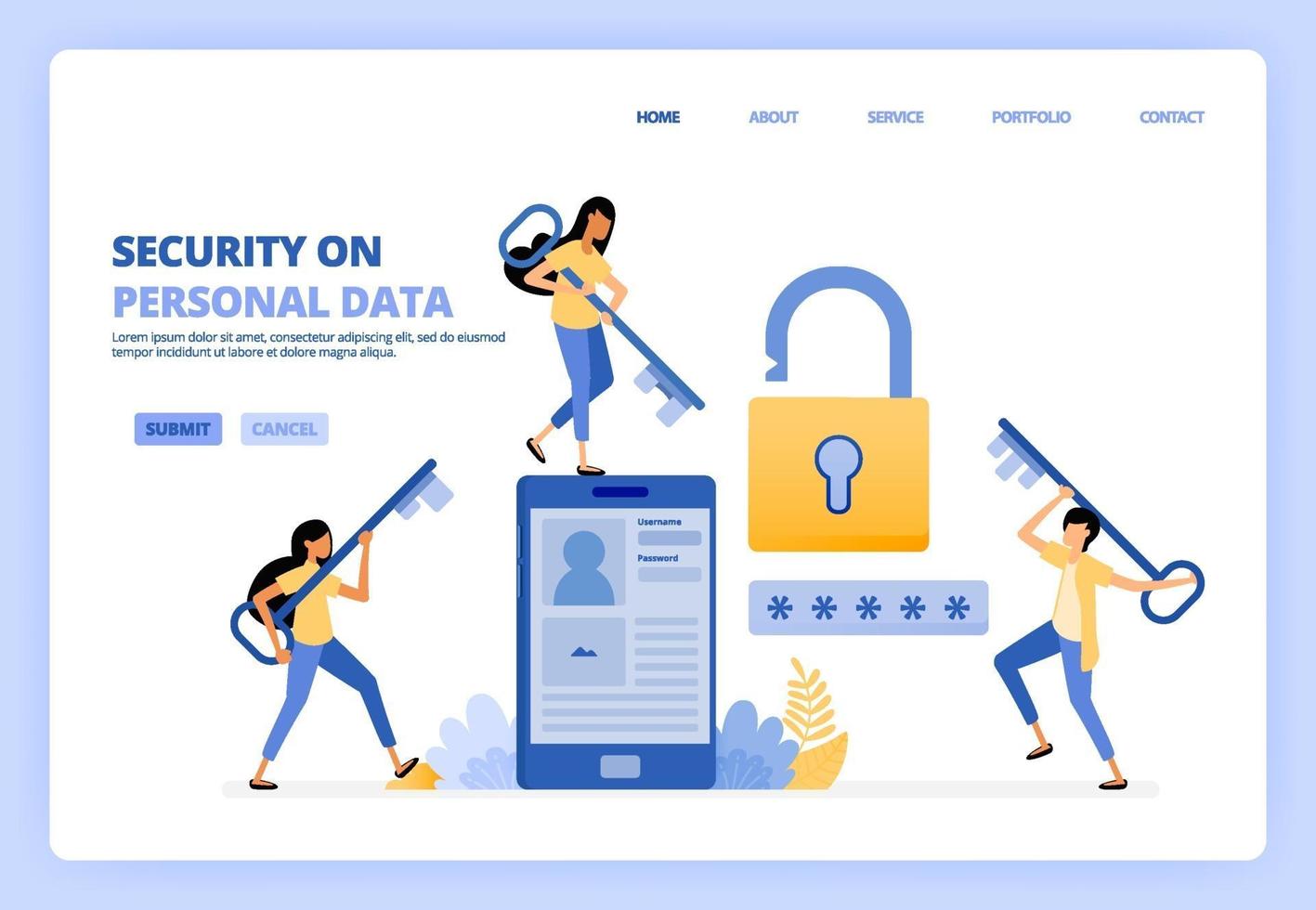 manter a segurança dos dados pessoais em serviços de aplicativos móveis. desenvolvimento de tecnologia de proteção, senha, sistemas. pode ser usado para modelo de página de destino ui ux web aplicativo móvel pôster banner website panfleto anúncios vetor