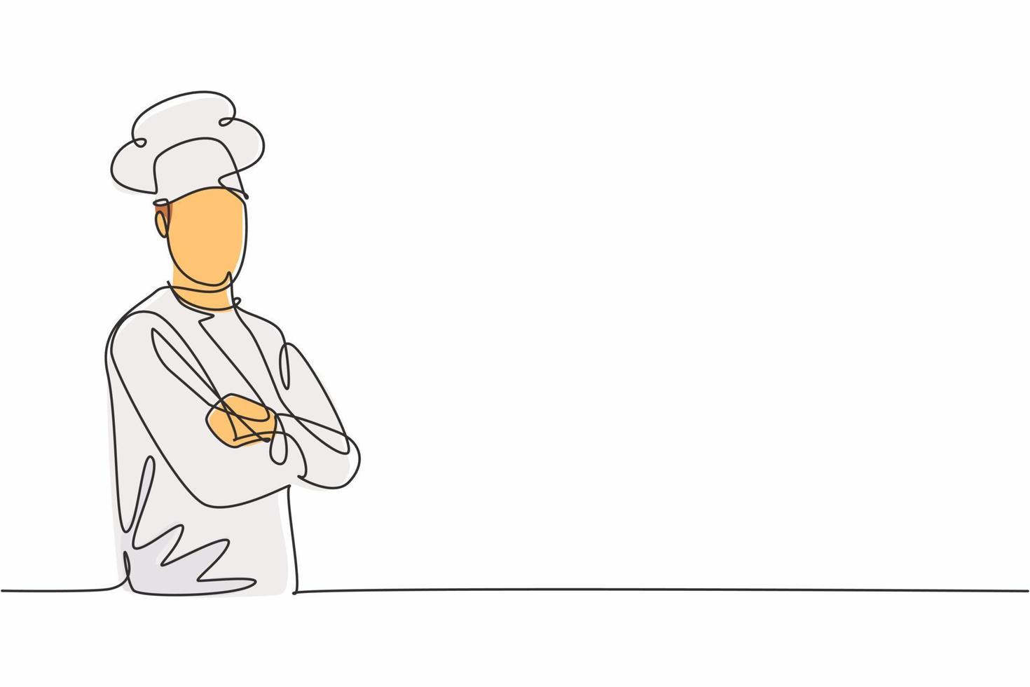 contínua uma linha de desenho jovem chef pose cruzar os braços no peito antes de cozinhar na cozinha. conceito minimalista de profissão de trabalho profissional. ilustração gráfica de vetor de desenho de linha única