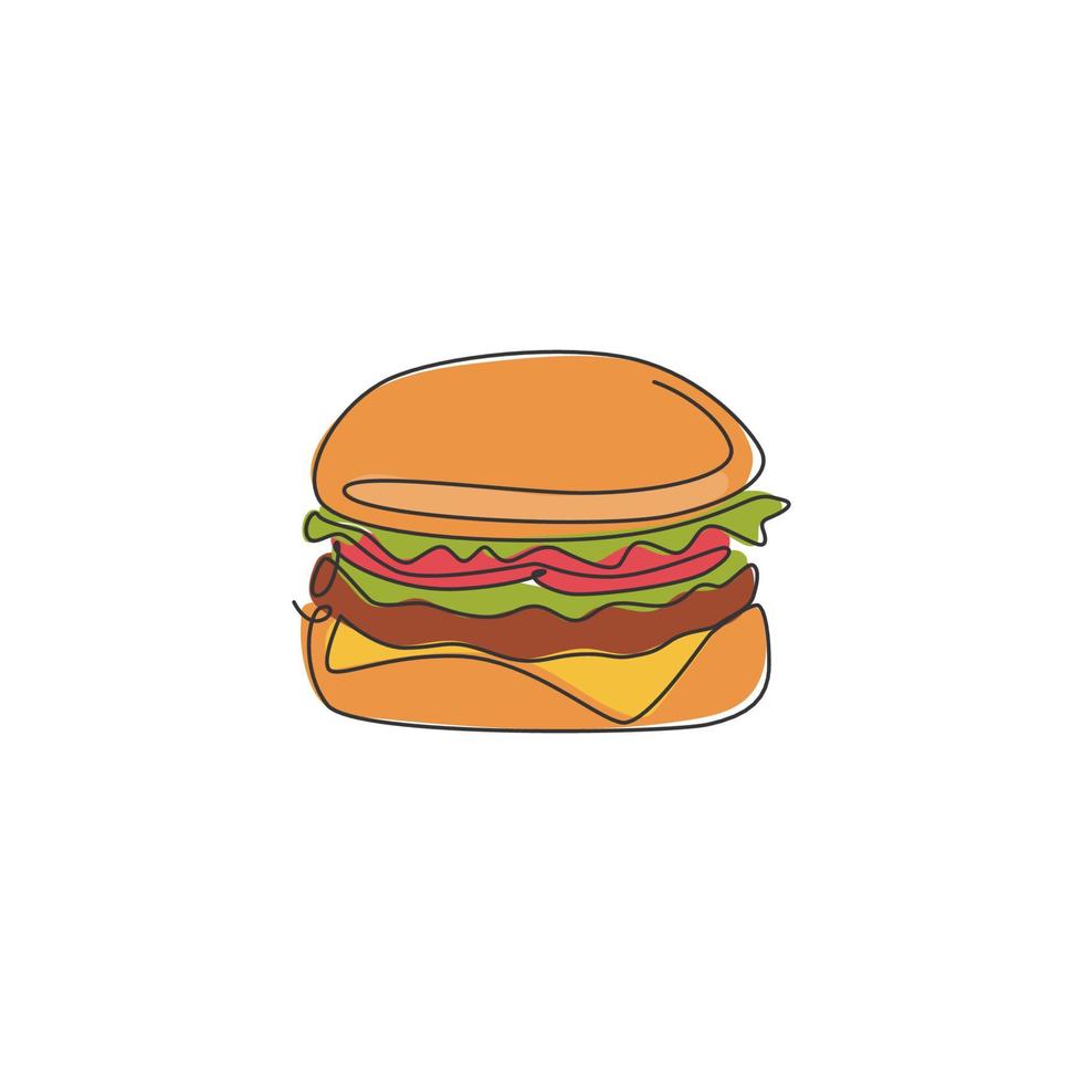 um único desenho de linha de ilustração vetorial de hambúrguer americano de logotipo fresco. menu de café de hambúrguer de fast food e conceito de crachá de restaurante. logotipo de comida de rua de design de desenho de linha contínua moderno vetor