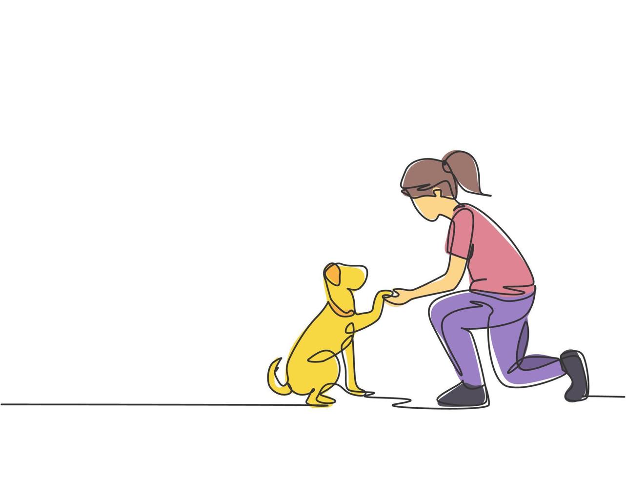 um desenho de linha de jovem feliz, apertando a mão de seu cachorro fofo. amizade sobre o conceito de humano e animal de estimação. ilustração gráfica de desenho de linha contínua na moda vetor