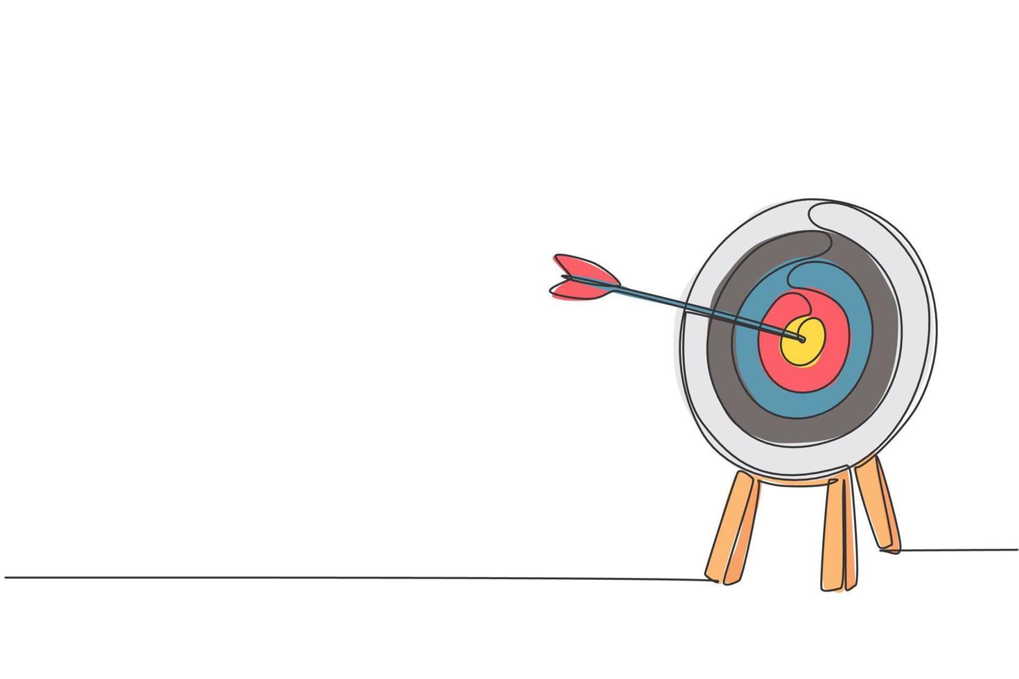 um desenho de linha contínua de flecha foi disparado bullseye para placa de alvo de tiro com arco. conceito de equipamento esportivo de tiro com arco. ilustração em vetor gráfico de desenho de linha única dinâmica