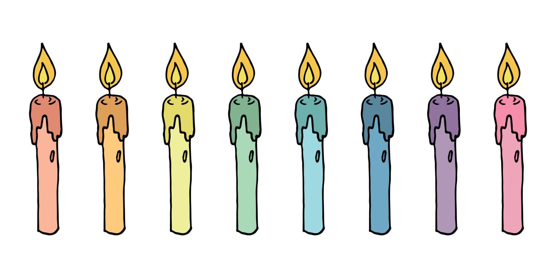conjunto de velas de aniversário em chamas. ilustração de rabiscos. clipart desenhado à mão para cartão, logotipo, design vetor
