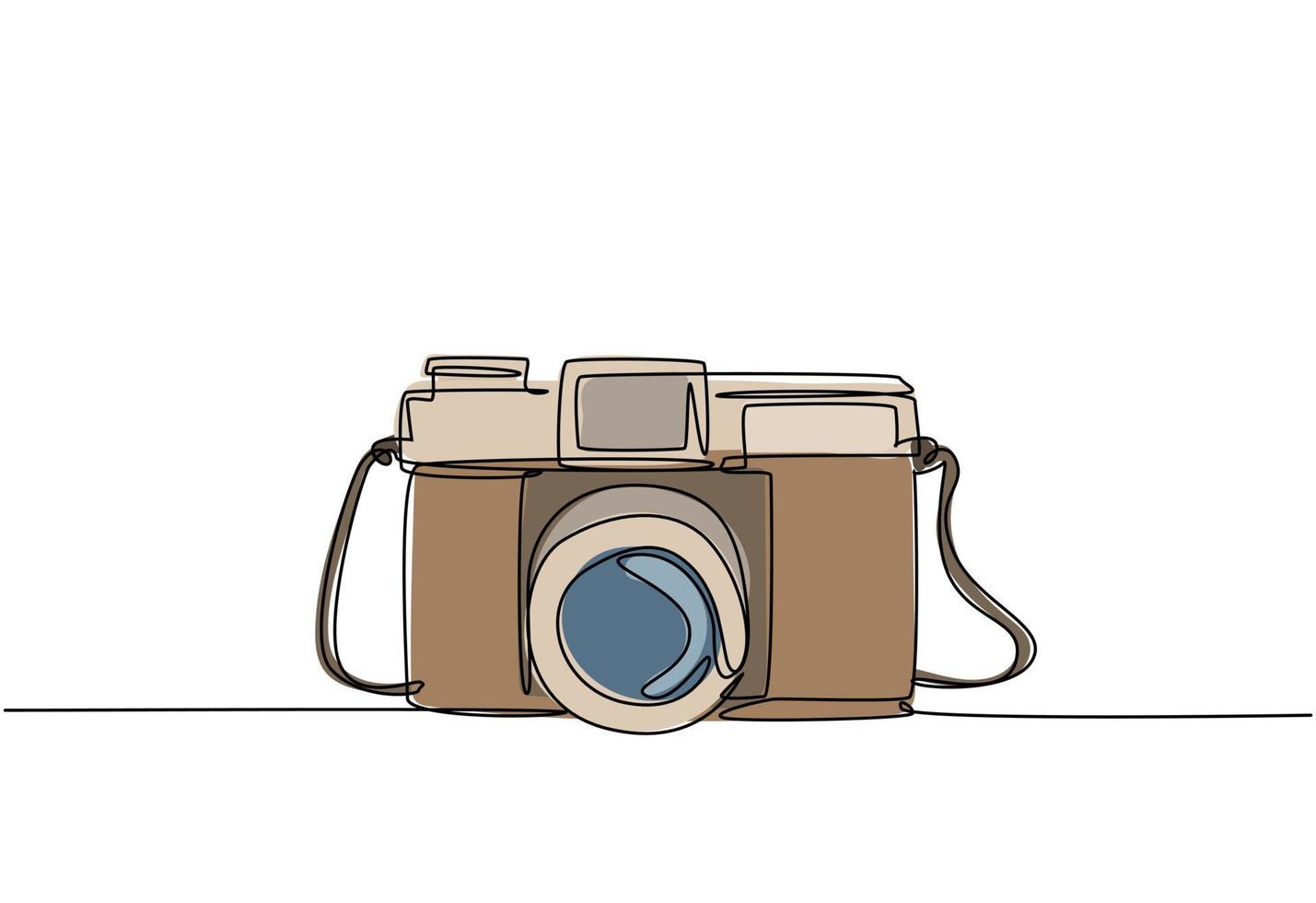 um único desenho de linha da velha câmera retro analógica de bolso de filme. vintage clássico fotografia equipamento conceito linha contínua desenhar design ilustração vetorial gráfico vetor