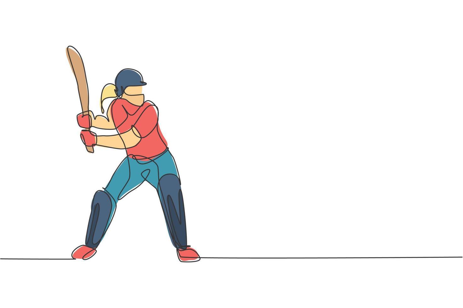 um único desenho de linha da postura do jogador de críquete jovem enérgica em pé para receber uma ilustração vetorial de bola. conceito de esporte. design moderno de desenho de linha contínua para banner de competição de críquete vetor