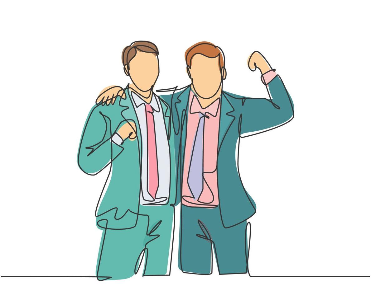 um desenho de linha contínua de dois jovens empresários felizes no escritório juntos e posando para se abraçar. conceito de parceiro de negócios desenho de linha única ilustração gráfica de vetor