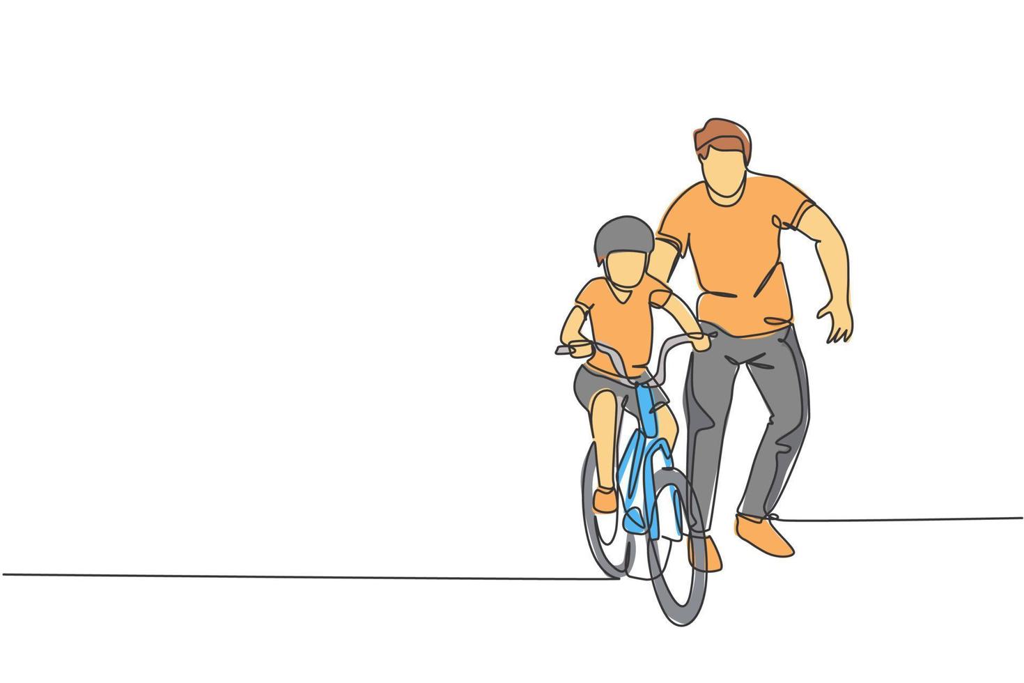 um desenho de linha contínua de um jovem pai ajuda seu filho a aprender a andar de bicicleta juntos no campo. conceito de lição de paternidade. ilustração em vetor design gráfico de desenho de linha única dinâmica
