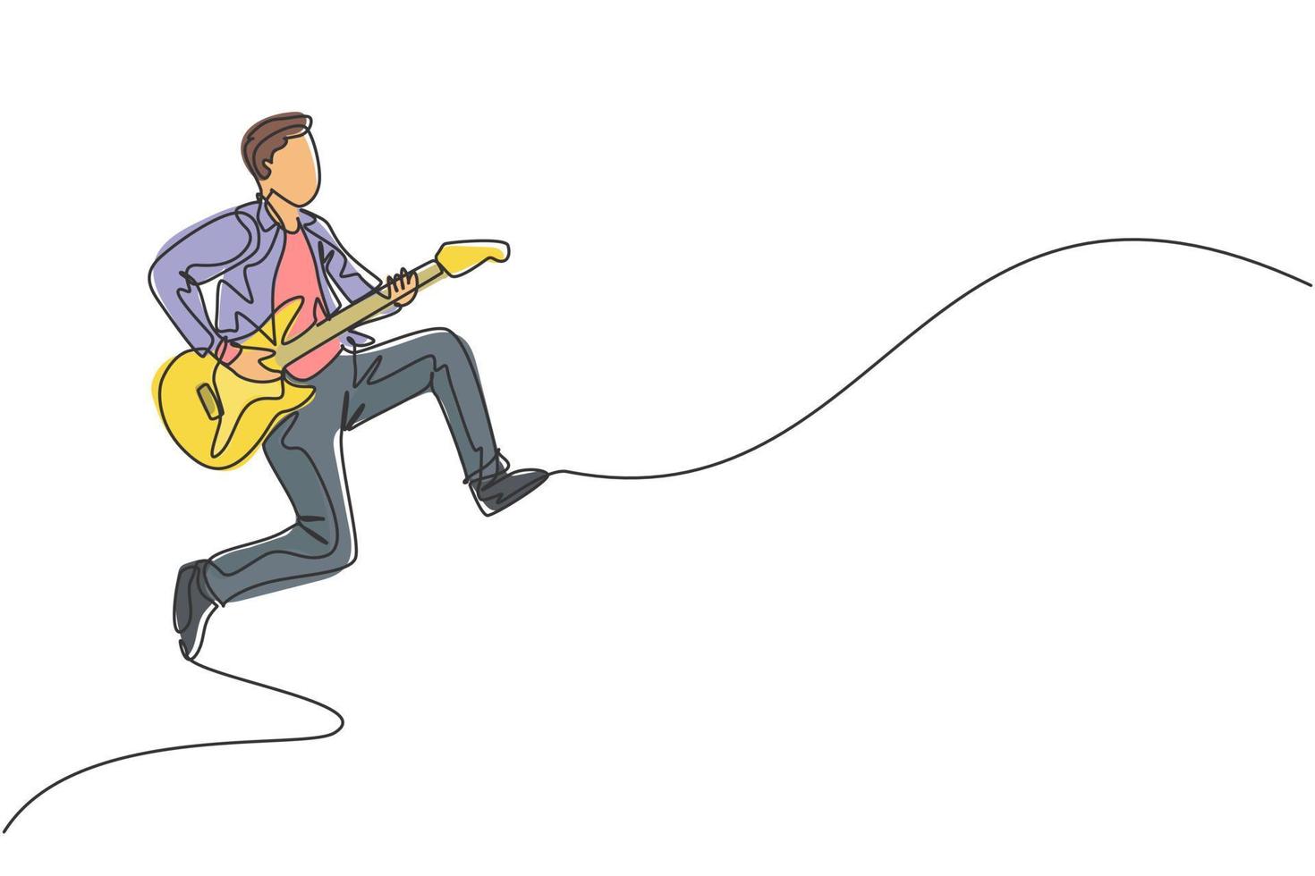 um desenho de linha contínua do jovem guitarrista masculino feliz pulando enquanto tocava guitarra elétrica no palco de concerto de música. músico artista desempenho conceito única linha desenho ilustração vetorial vetor