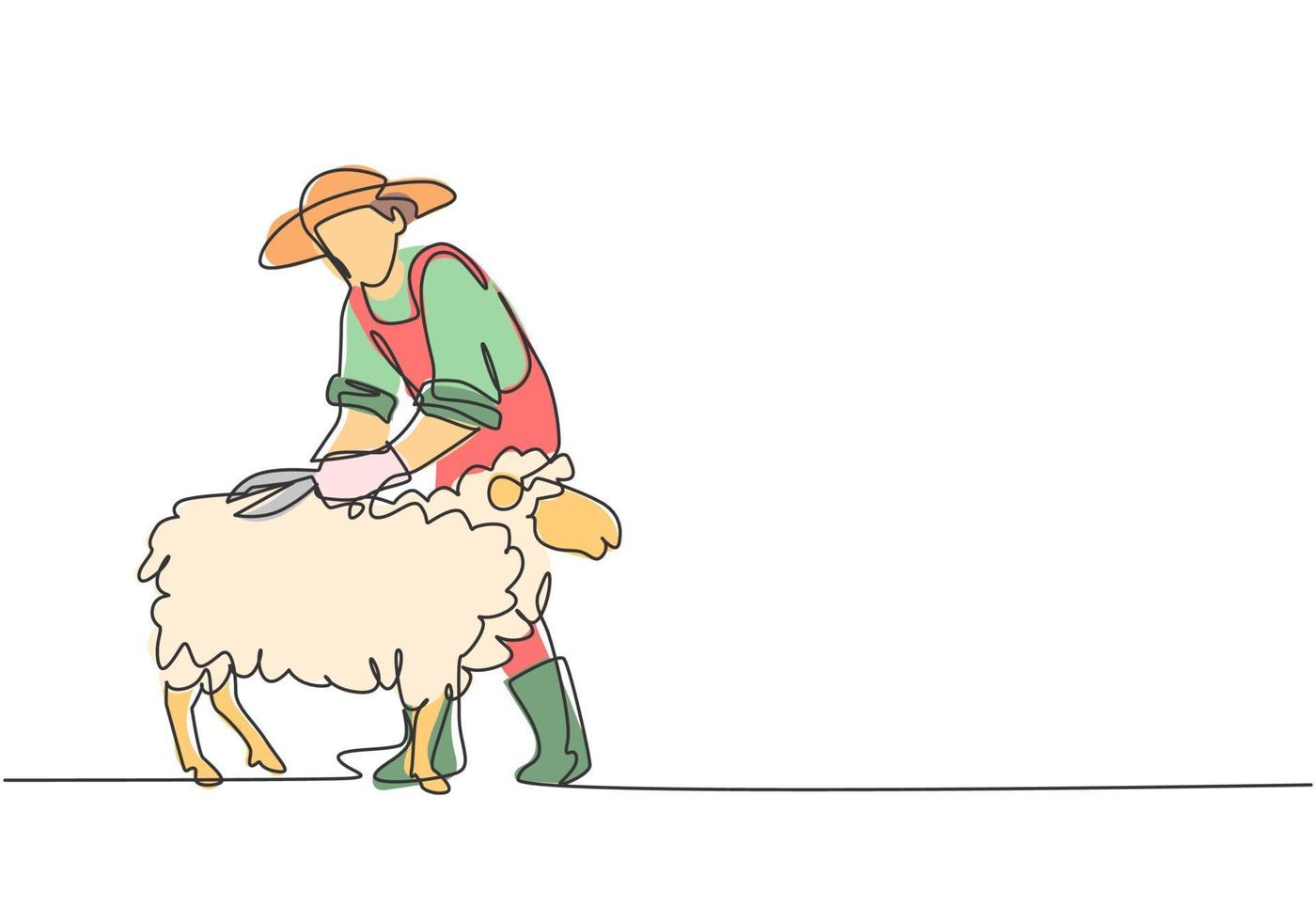 contínuo um desenho de linha jovem fazendeiro estava cortando cuidadosamente o velo com uma tesoura. agricultura bem-sucedida desafia o conceito minimalista. ilustração gráfica do vetor do desenho do desenho de linha única.