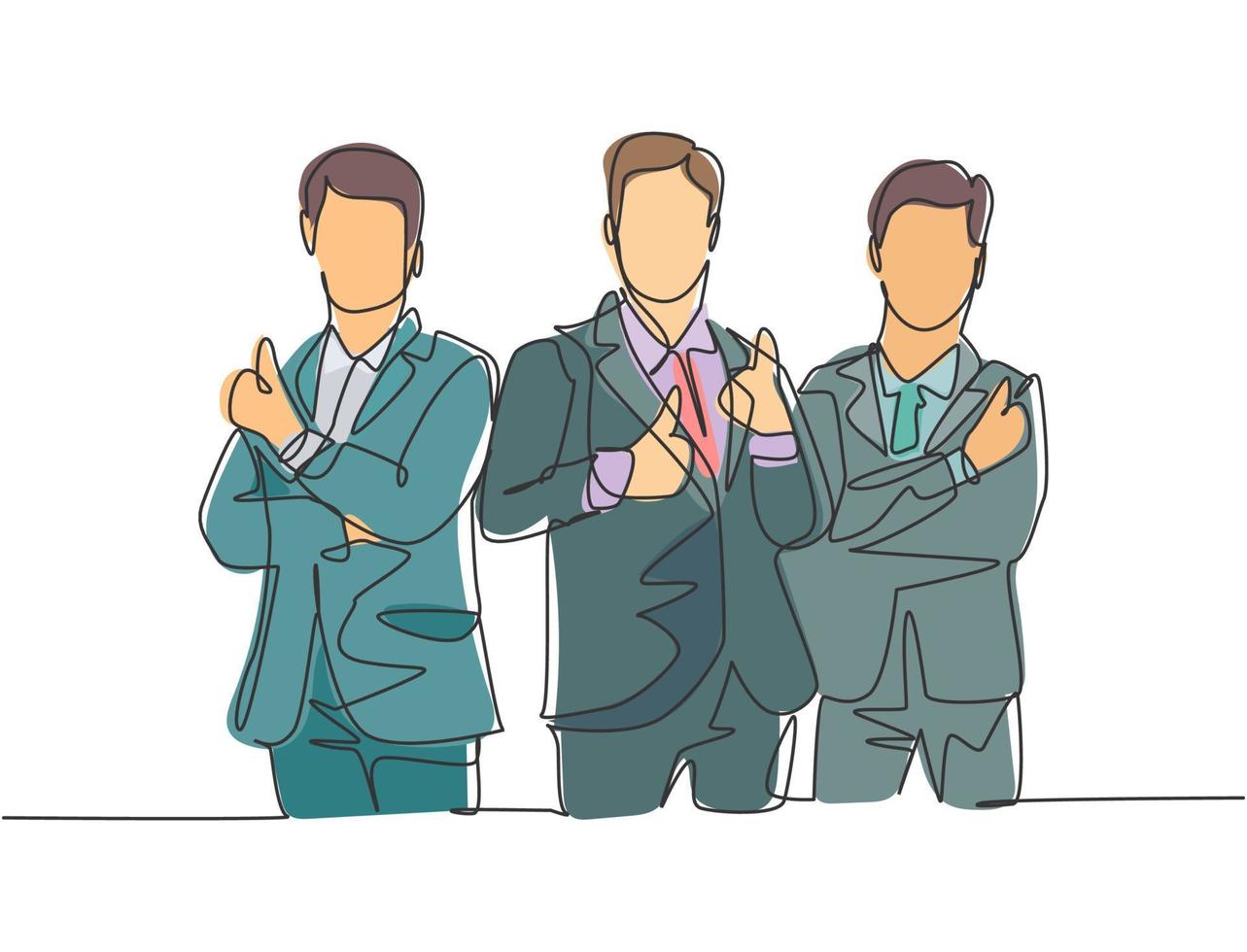 grupo de desenho de linha única de jovens empresários felizes juntos e dando polegares para cima gesto. conceito de trabalho em equipe de proprietário empresarial. ilustração em vetor desenho desenho em linha contínua