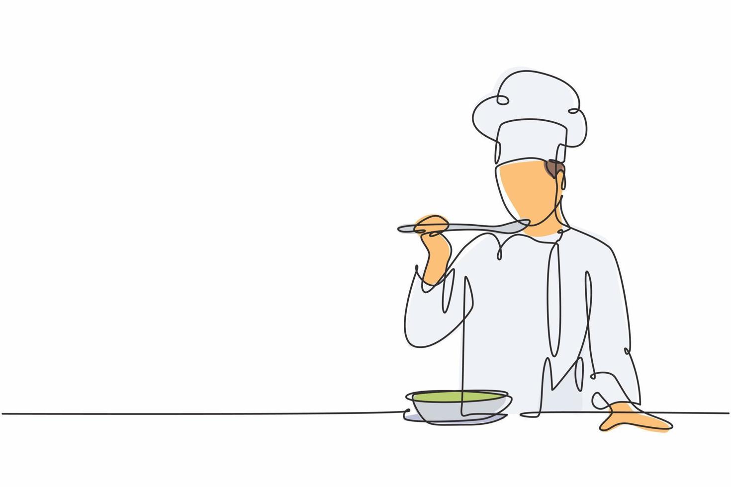 um desenho de linha contínua do jovem chef masculino, degustando e sorrindo ao curry de sopa com colher de pau. preparação de alimentos saudáveis na cozinha comercial conceito único desenho de linha ilustração vetorial vetor