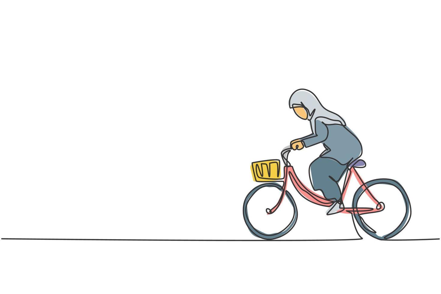 único desenho de linha contínua de bicicleta de passeio de jovem trabalhador feminino árabe beleza para o escritório. mulher de negócios profissional. conceito minimalismo dinâmico uma linha desenhar ilustração vetorial de design gráfico vetor