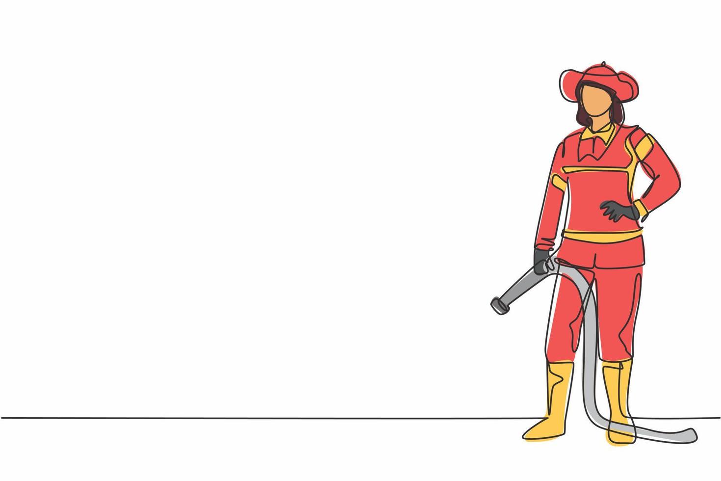 contínuo um desenho de linha do jovem bombeiro feminino bonito com uniforme de mãos dadas no quadril. conceito minimalista de profissão de trabalho profissional. ilustração gráfica de vetor de desenho de linha única