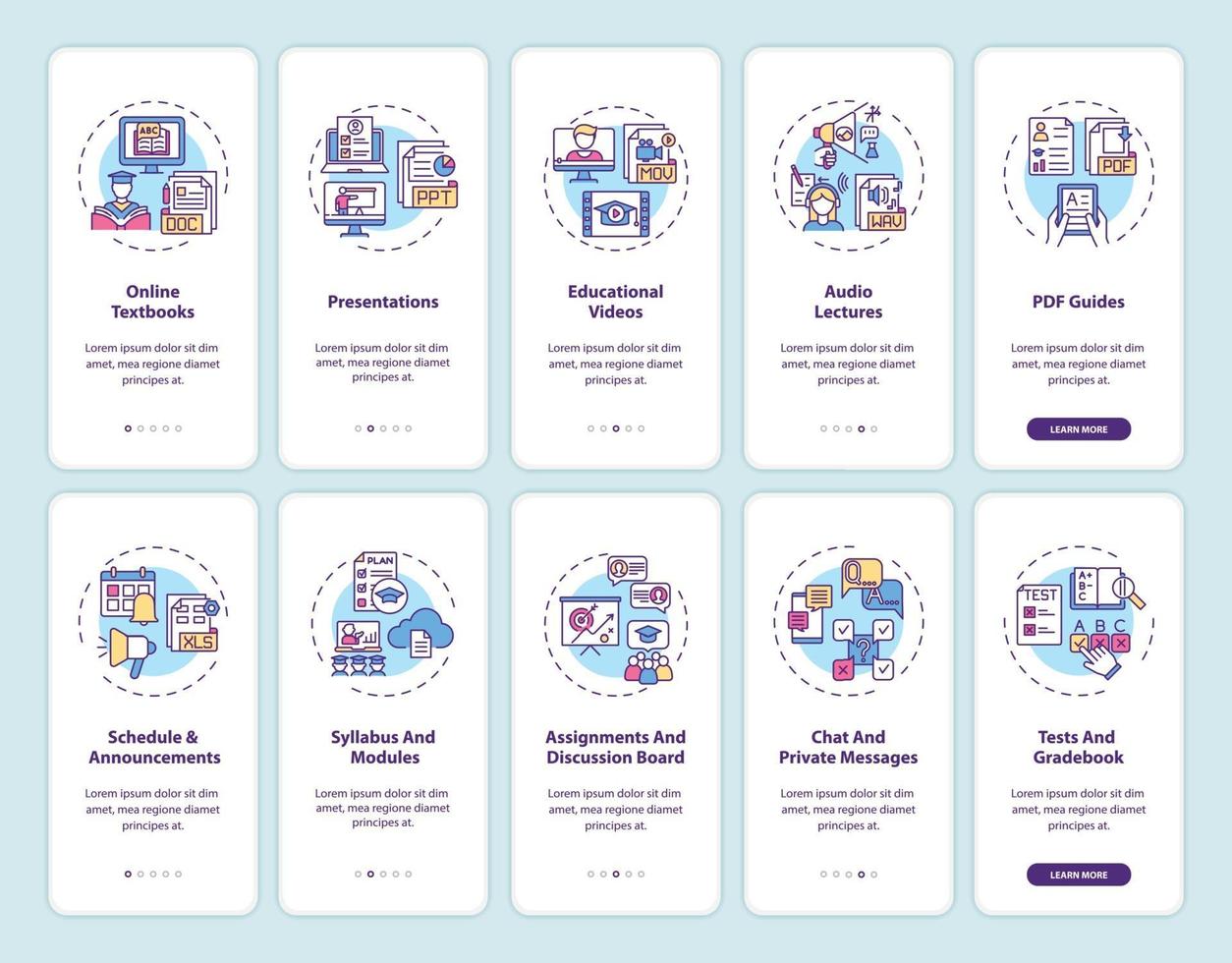 tela da página do aplicativo móvel de integração de ensino online com conjunto de conceitos vetor