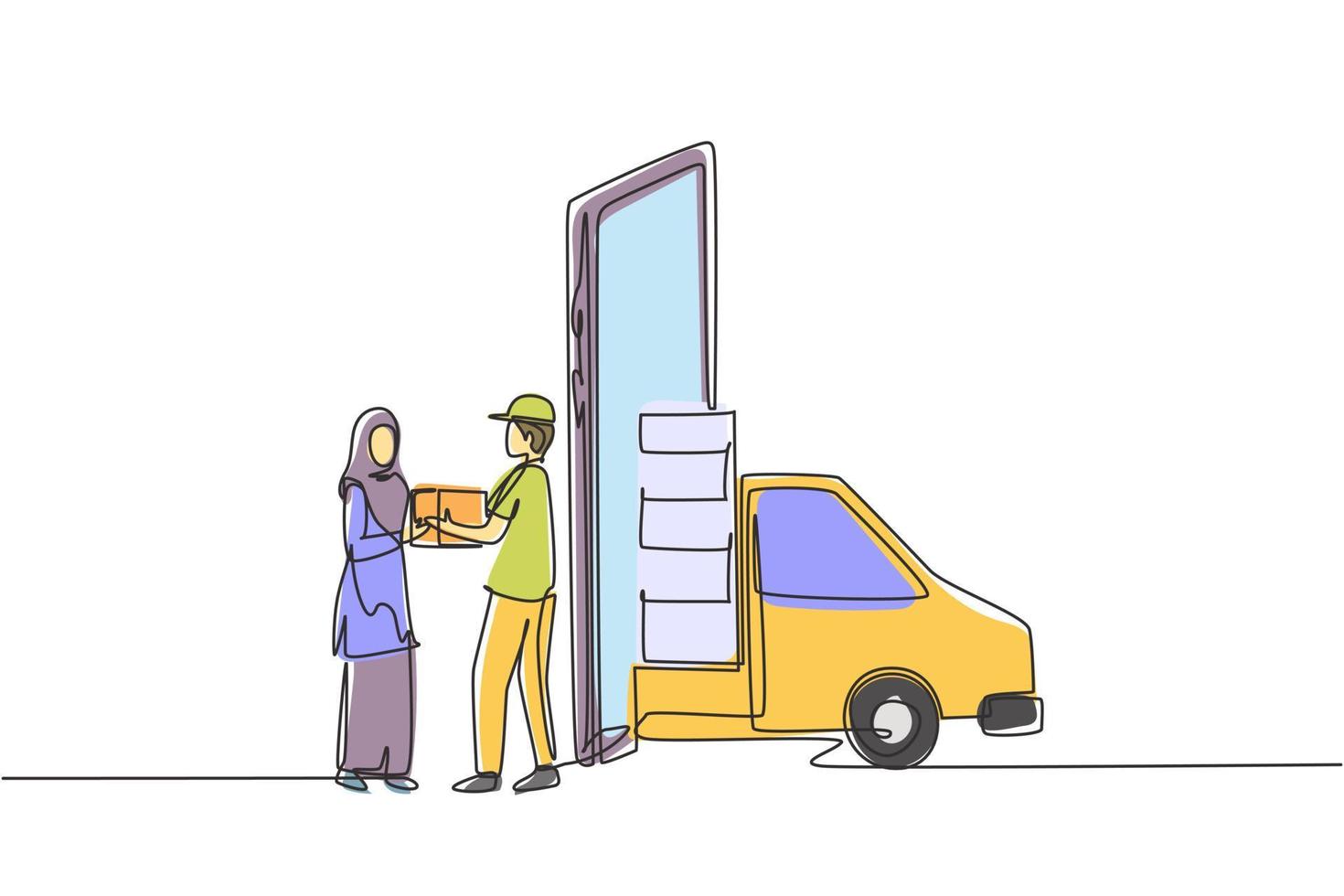 Um carro de caixa de entrega de desenho de linha contínuo sai parcialmente da tela do laptop e o correio masculino dá uma caixa de pacote para uma cliente hijab do sexo feminino. ilustração gráfica de vetor de desenho de linha única