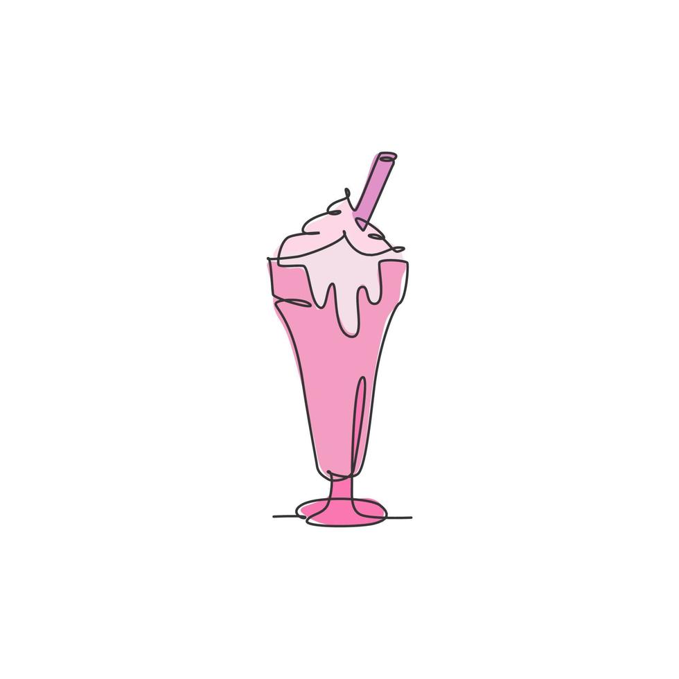 um único desenho de linha de milk-shake doce fresco com ilustração vetorial de logotipo de wafer stick. menu de café de loja de bebidas e conceito de crachá de restaurante. logotipo de comida de rua de design de desenho de linha contínua moderno vetor
