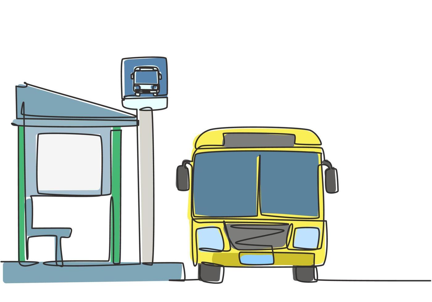 Um único desenho linear de ponto de ônibus com abrigo, placa de ônibus simples e um ônibus esperando os passageiros entrarem e saírem e, em seguida, continuar a viagem. ilustração em vetor gráfico desenho linha contínua