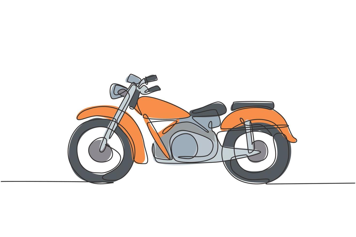 único desenho de linha contínua do antigo símbolo clássico da motocicleta vintage. conceito de transporte de moto retrô uma linha design gráfico ilustração vetorial vetor