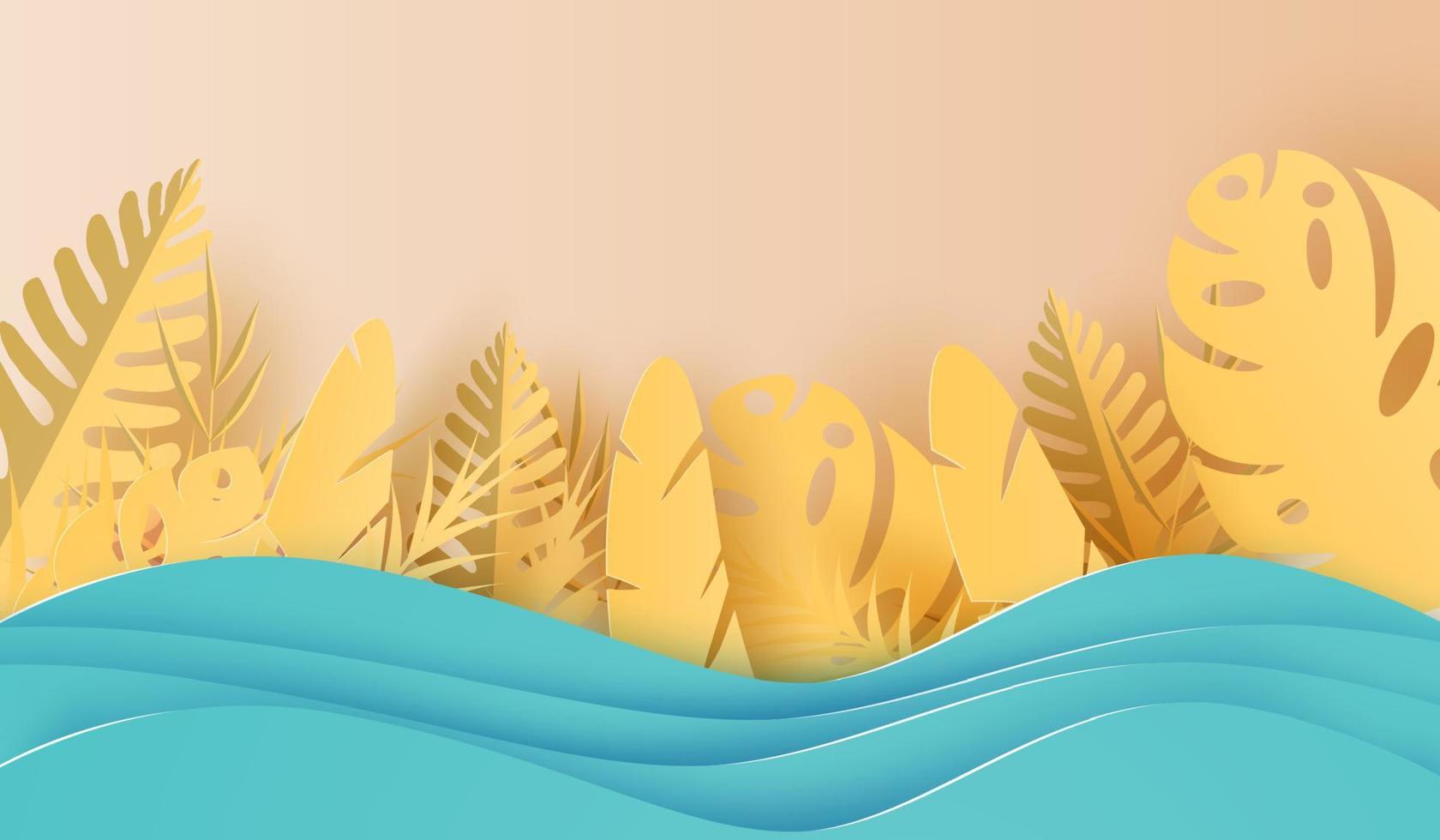 3d papel arte do ilustração verão estação tropical folha Palma decoração em colocada texto espaço fundo, papel cortar origami estilo em mar de praia pastel, verão criativo idéia colorida para cartão, vetor. vetor