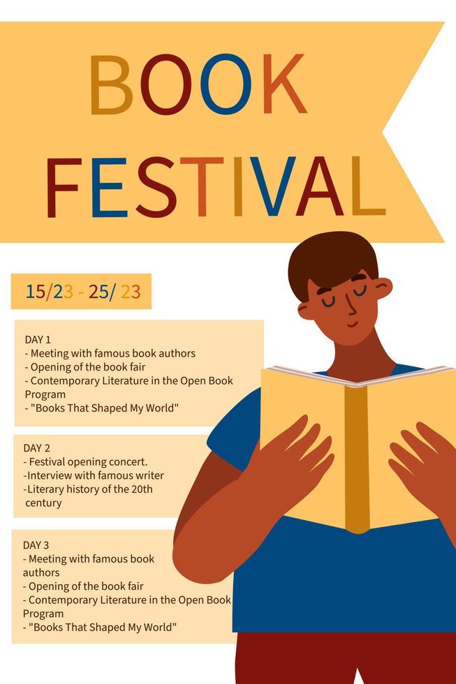 uma jovem homem é lendo uma livro. poster para a livro festival. vestidor ilustração com multicultural pessoas dentro desenho animado plano estilo vetor