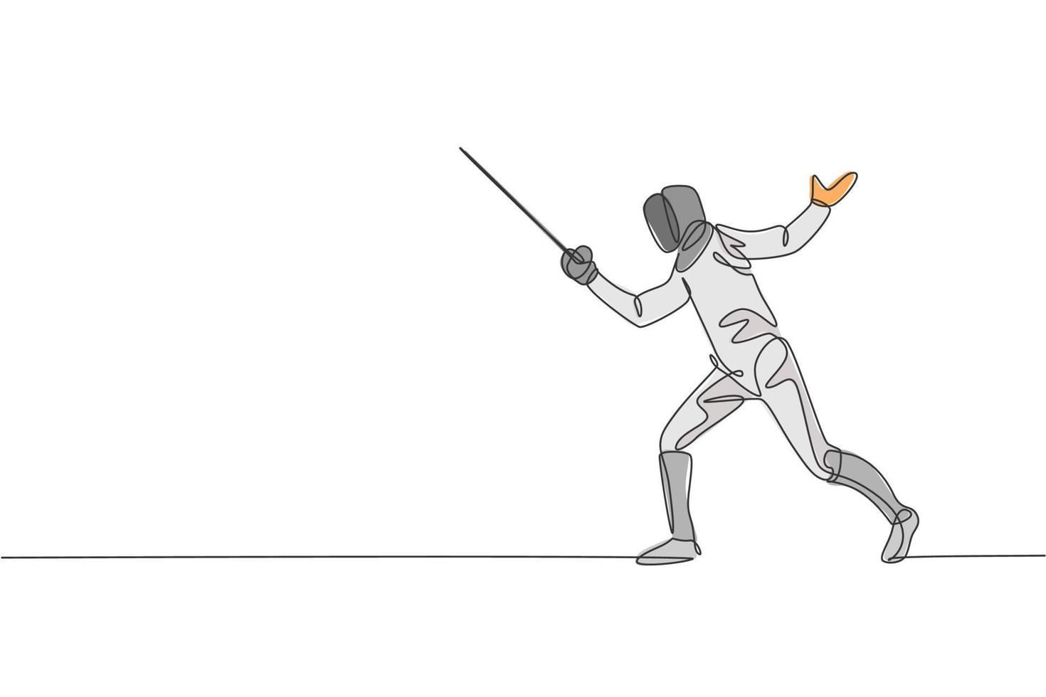 um desenho de linha contínua de jovem esgrima atleta prática lutando na arena de esporte profissional. fantasia de esgrima e segurando o conceito de espada. ilustração em vetor design de desenho de linha única dinâmica