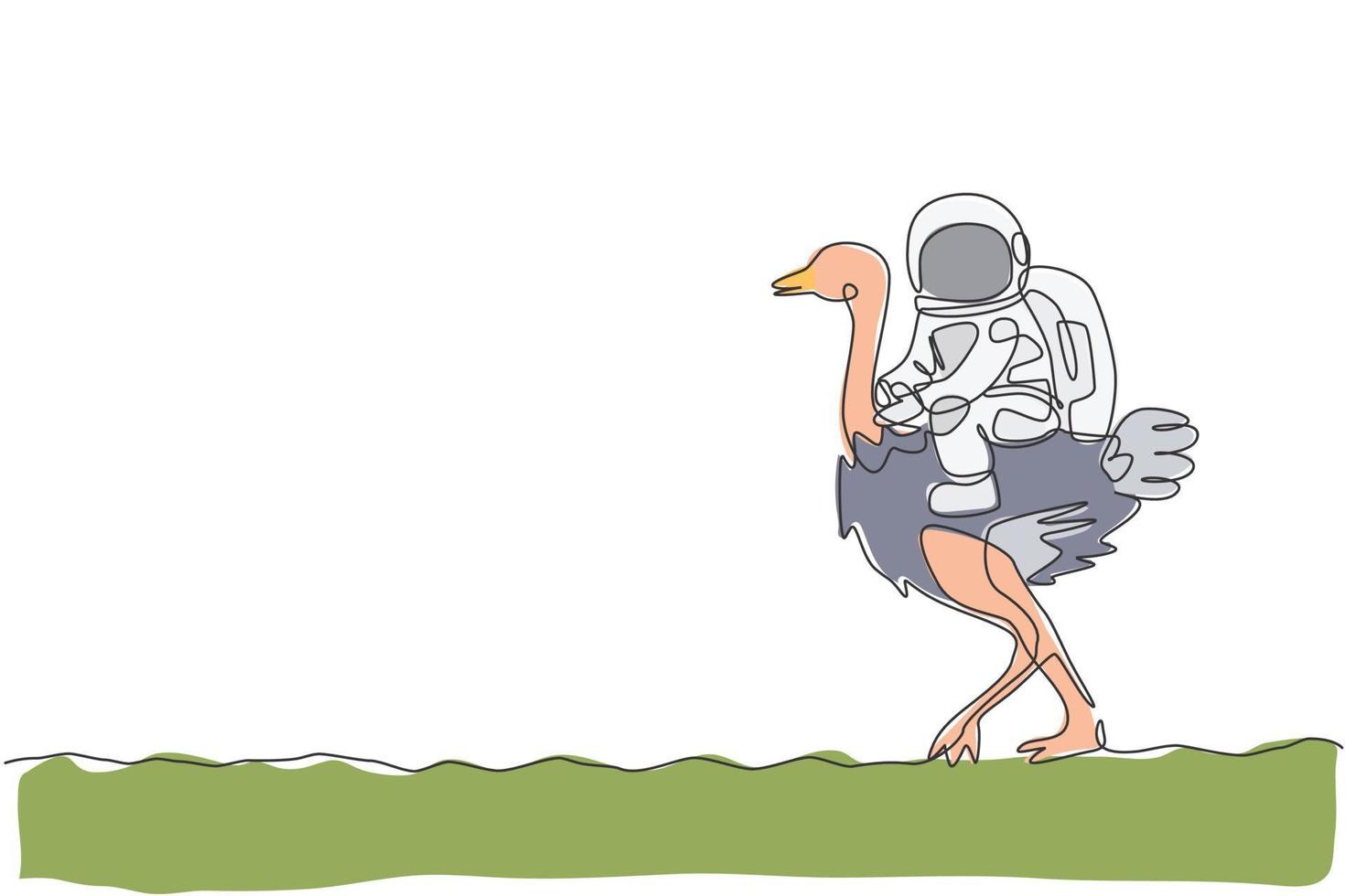 desenho de linha única contínua de cosmonauta com traje espacial montando avestruz, grande pássaro animal na superfície da lua. fantasia astronauta safari viagem conceito. ilustração em vetor desenho desenho de uma linha na moda