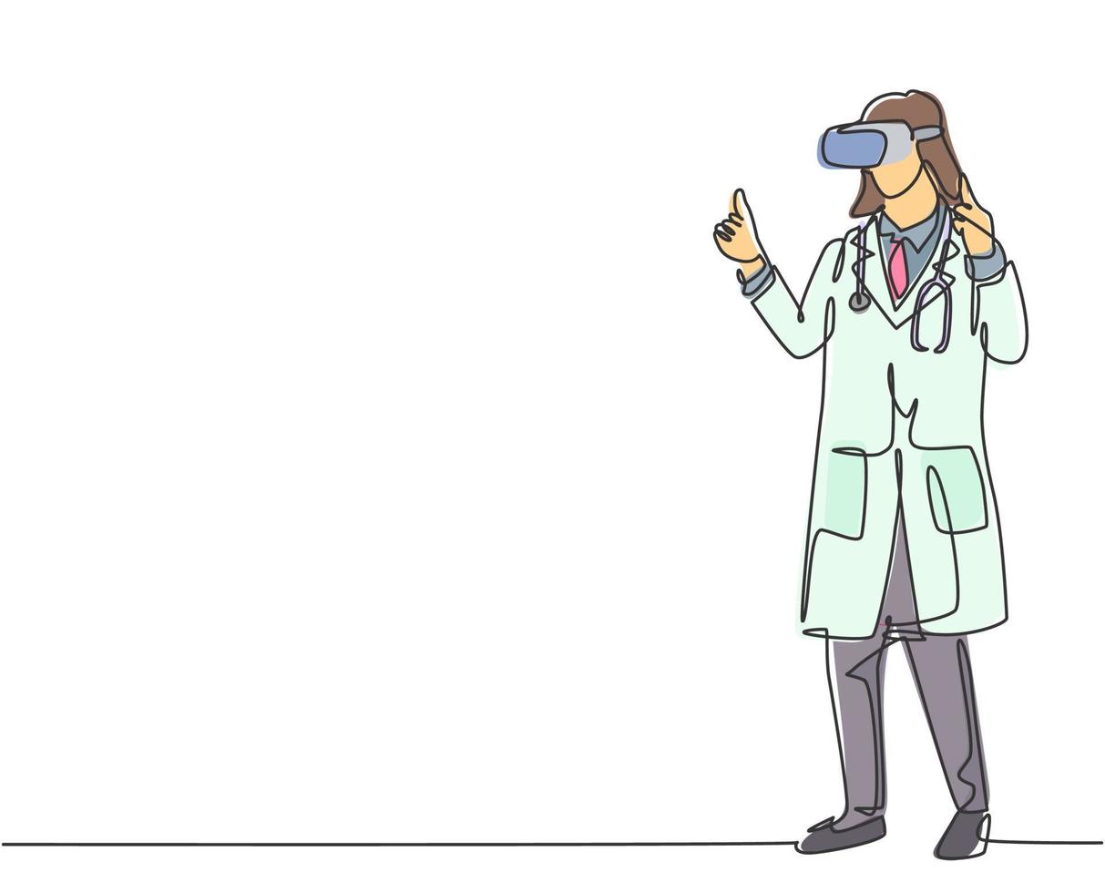 único desenho de linha contínua de jovem médica desistindo de gesto de polegar após o nível de acabamento bem-sucedido no jogo. ilustração em vetor design de desenho de uma linha de conceito de realidade virtual