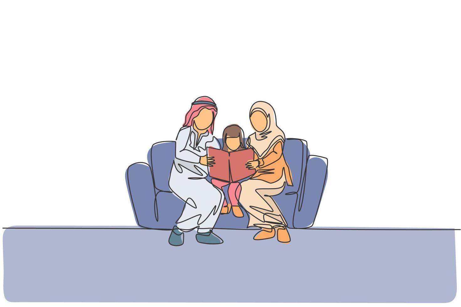 único desenho de linha jovem árabe mãe e pai lendo um livro juntos no sofá com sua ilustração vetorial de garota. conceito de parentalidade de família muçulmana do Islã feliz. design gráfico de linha contínua vetor