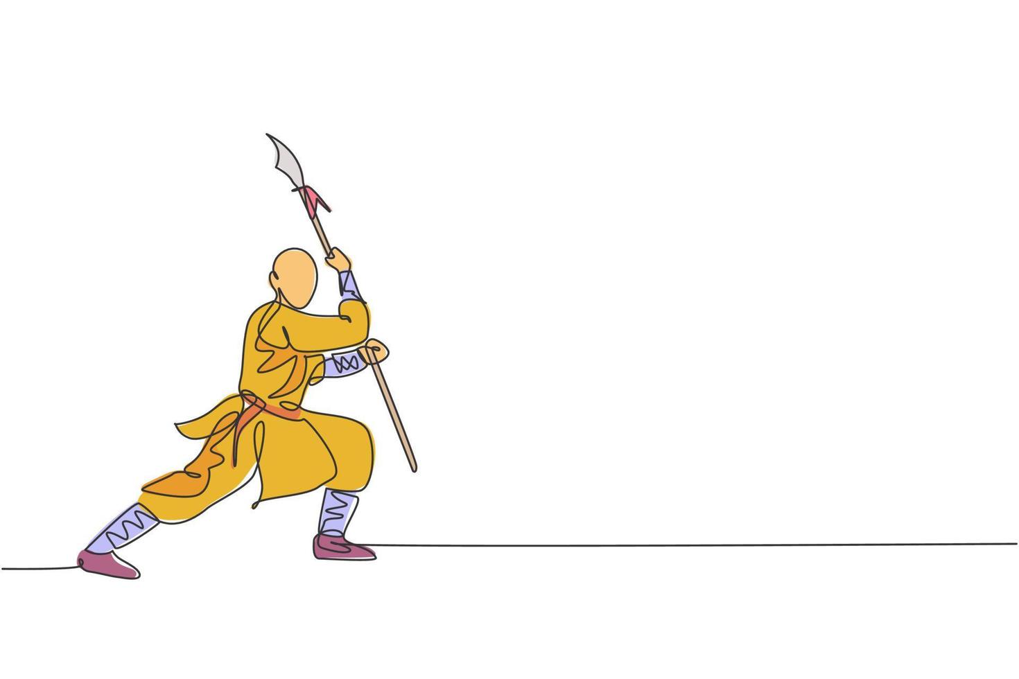 um único desenho de linha do jovem monge shaolin energético exercita lutando com lança na ilustração vetorial do templo. conceito de esporte de arte marcial chinesa antiga. design moderno de desenho de linha contínua vetor