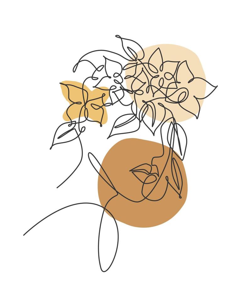 único desenho de linha contínua rosto de mulher bonita com flores. conceito de impressão botânica de beleza natural para impressão de decoração de parede. retrato minimalista. tendência de uma linha desenhar design gráfico de ilustração vetorial vetor