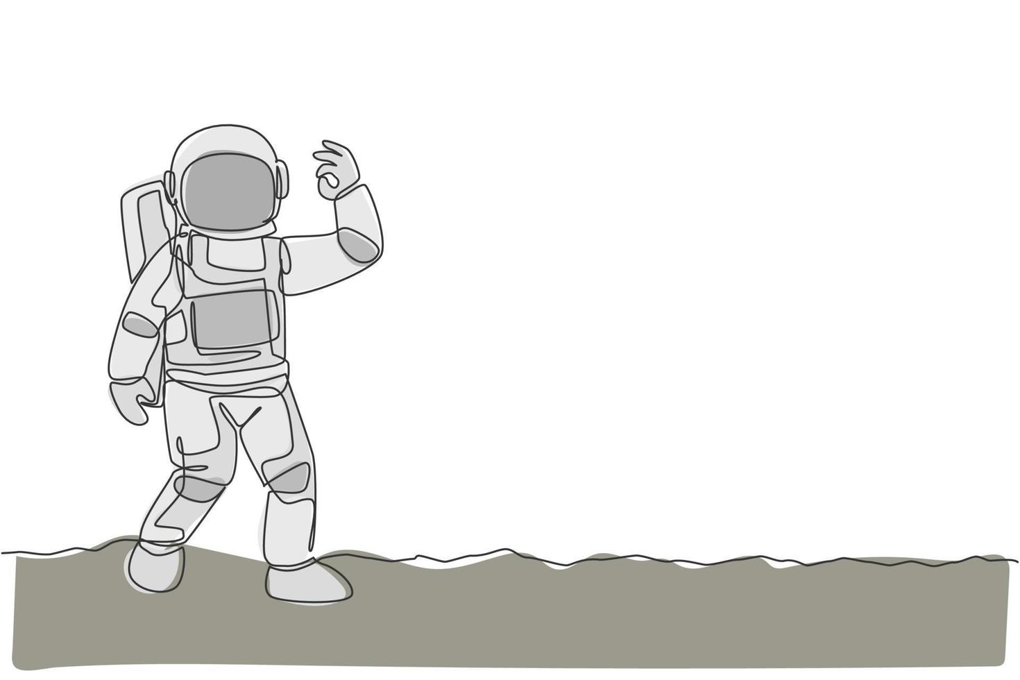 um único cosmonauta de desenho de linha faz o gesto certo com os dedos na ilustração gráfica de superfície da lua. escritório de negócios de astronautas com conceito de espaço sideral. design moderno de desenho de linha contínua vetor