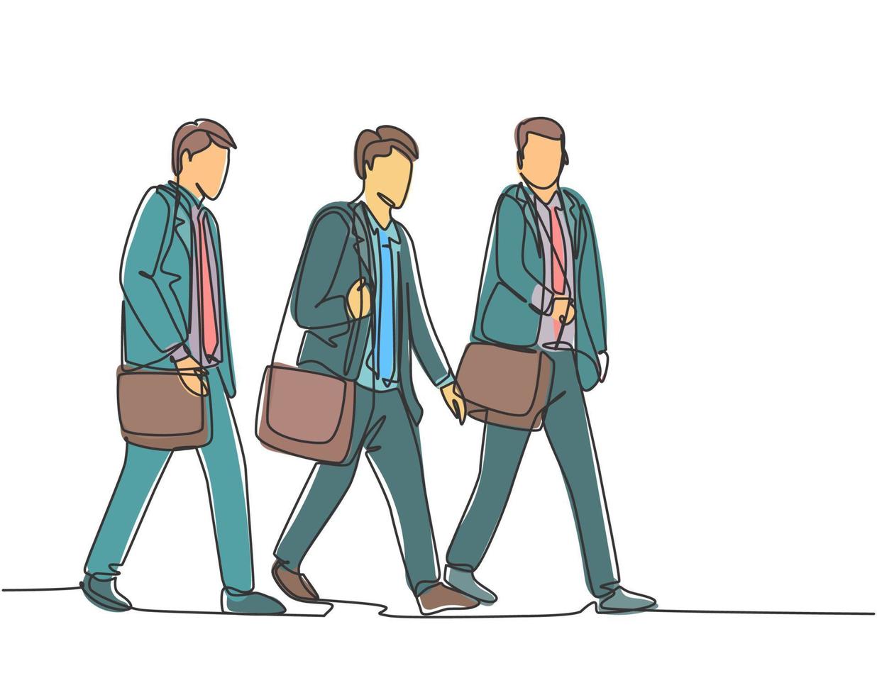 desenho de linha única contínua de jovens funcionários do sexo masculino conversando e caminhando juntos no corredor da cidade para ir ao escritório. caminhando juntos no conceito de rua, uma linha, desenho, ilustração vetorial vetor