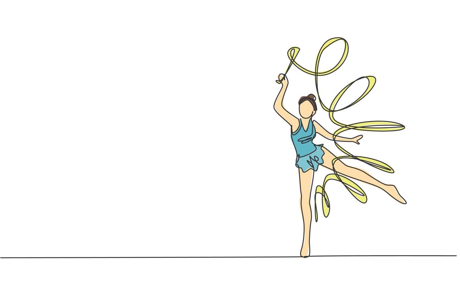 1 contínuo linha desenhando do jovem bailarina menina dentro movimento. rítmico ginasta dentro malha com fita. saudável esporte e ativo dança conceito. dinâmico solteiro linha desenhar Projeto vetor ilustração