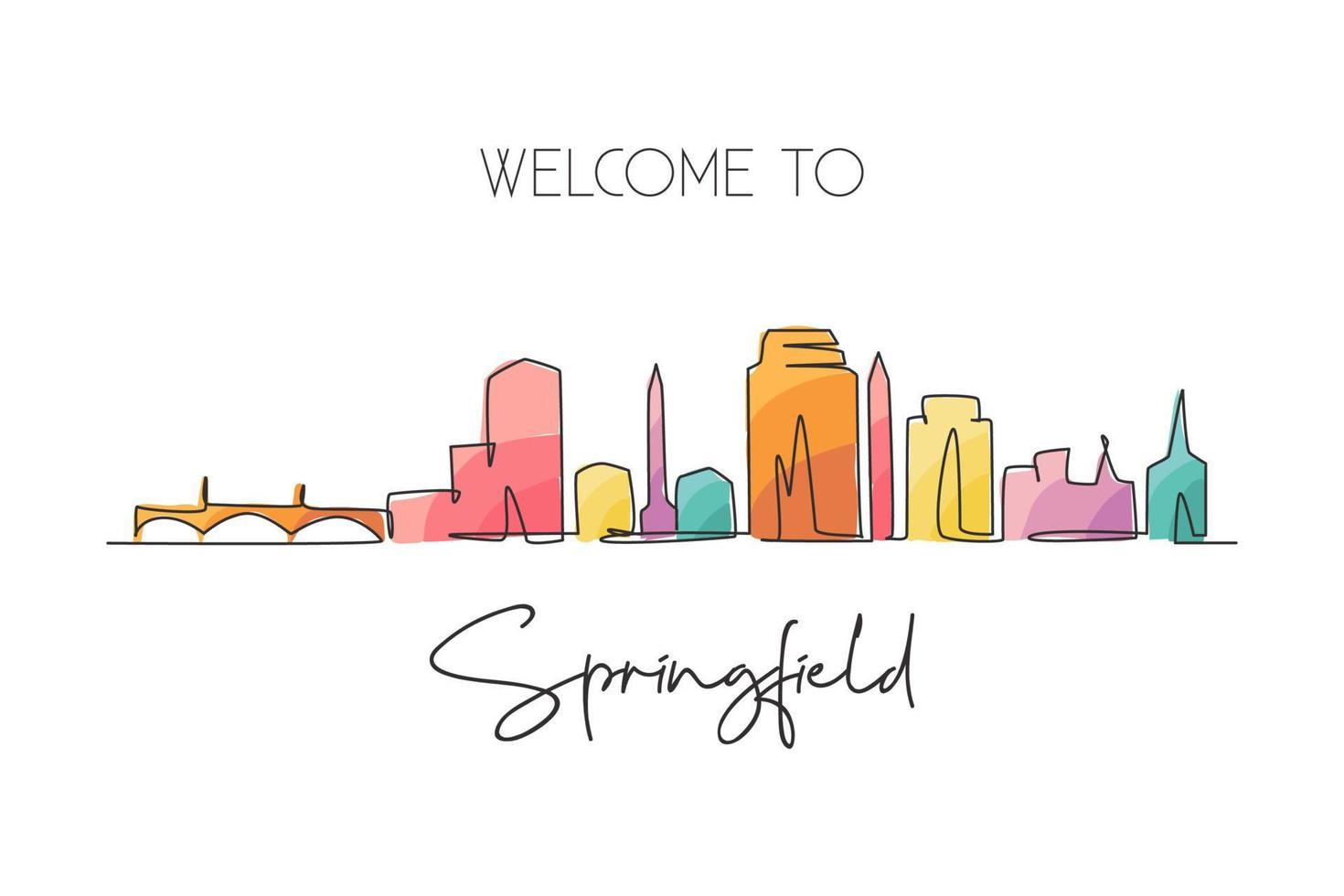 desenho de uma linha contínua única linha do horizonte de springfield, massachusetts. paisagem de raspador de cidade famosa. mundo viajar para casa decoração de parede arte cartaz impressão conceito. ilustração em vetor moderno desenho de uma linha