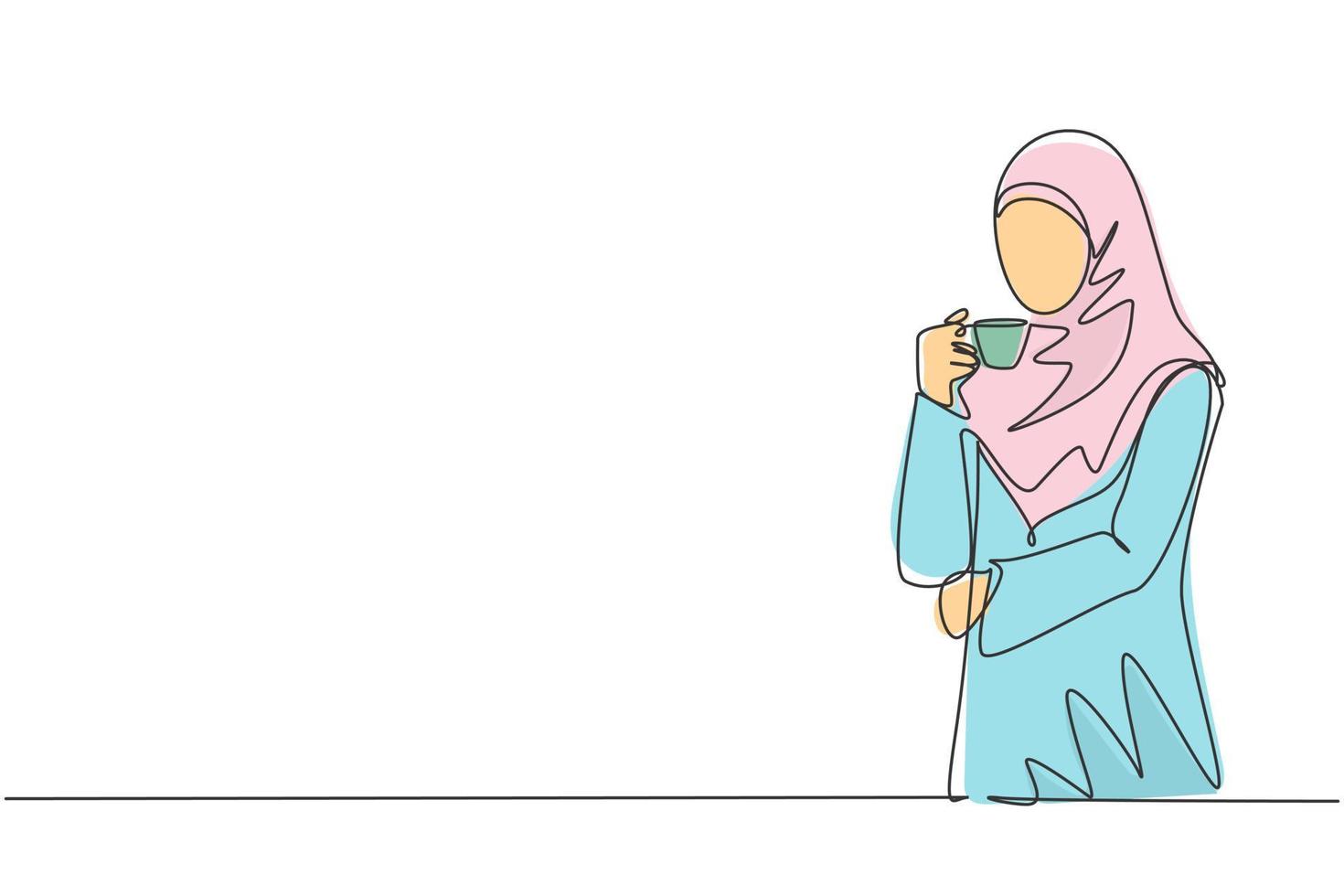 um desenho de linha contínua da jovem empresária muslimah, pensando em ideias de negócios, enquanto segura uma xícara de café. mulher da Arábia Saudita com vel e hijab. ilustração de desenho de uma linha vetor